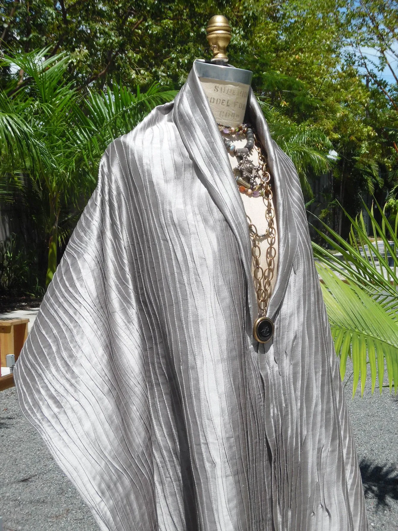 Thai Silk Pintuck Pleated Shawl Silver