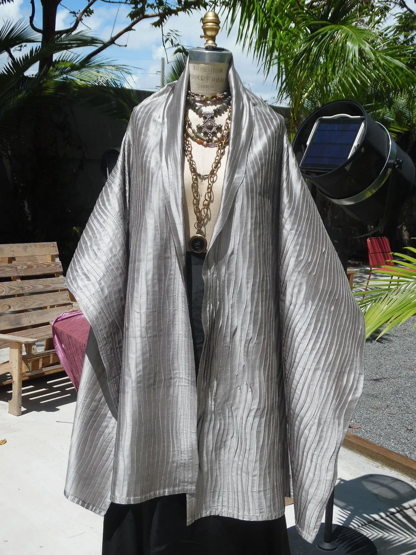 Thai Silk Pintuck Pleated Shawl Silver