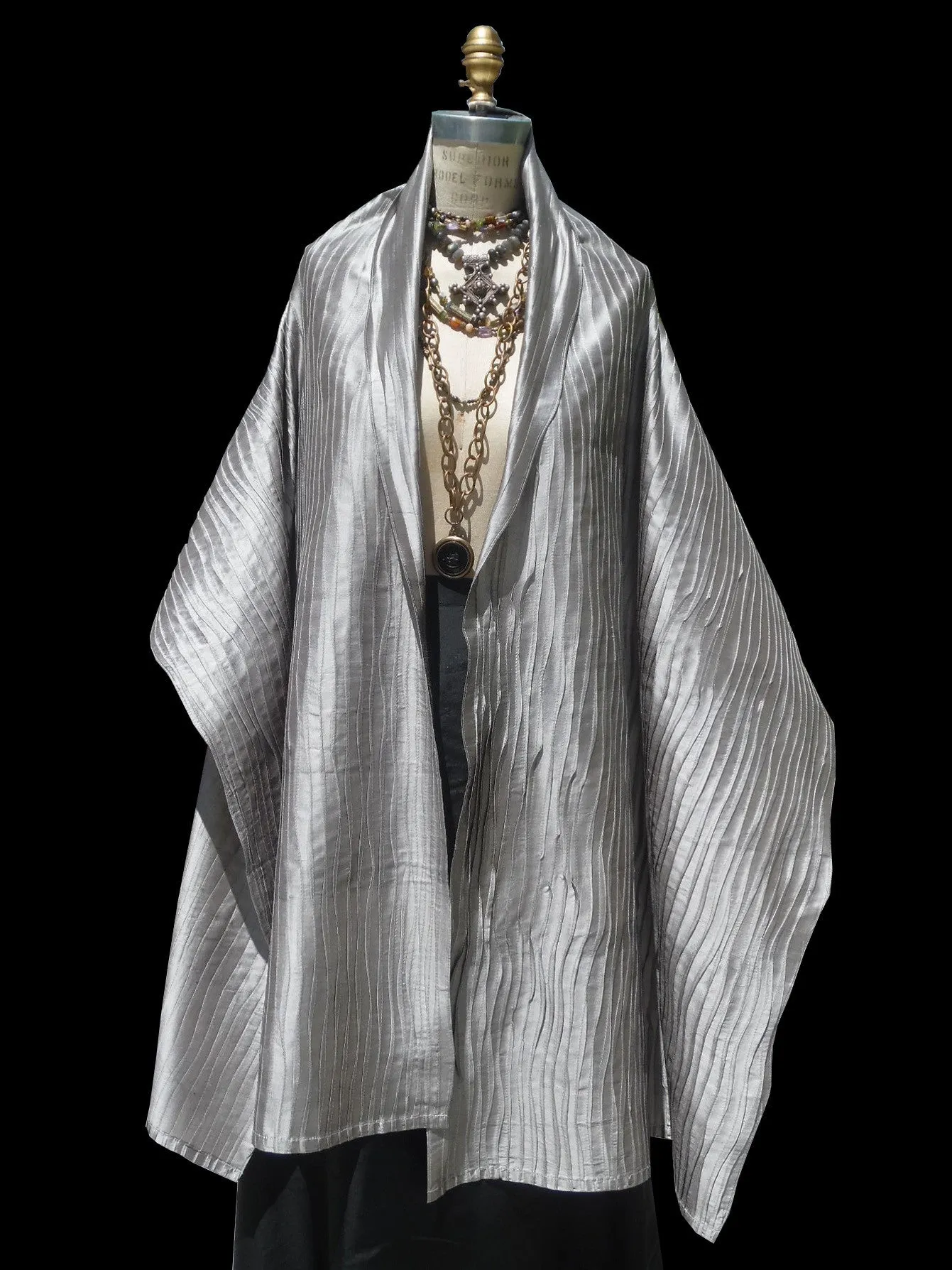 Thai Silk Pintuck Pleated Shawl Silver