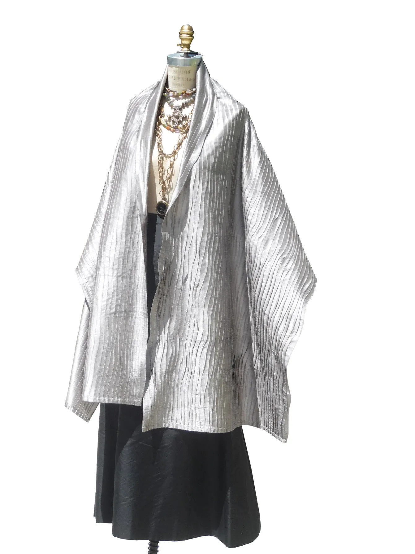 Thai Silk Pintuck Pleated Shawl Silver