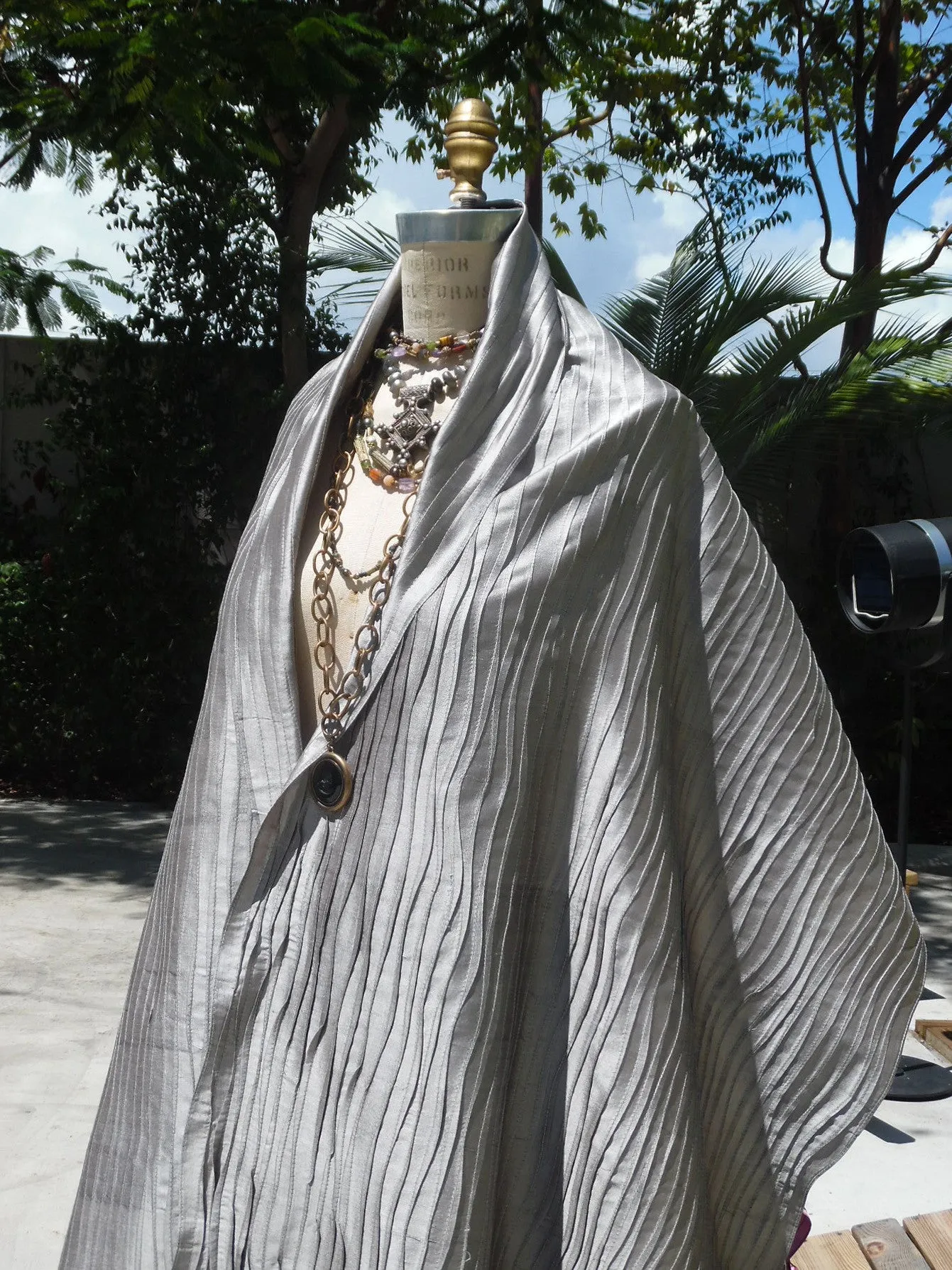 Thai Silk Pintuck Pleated Shawl Silver