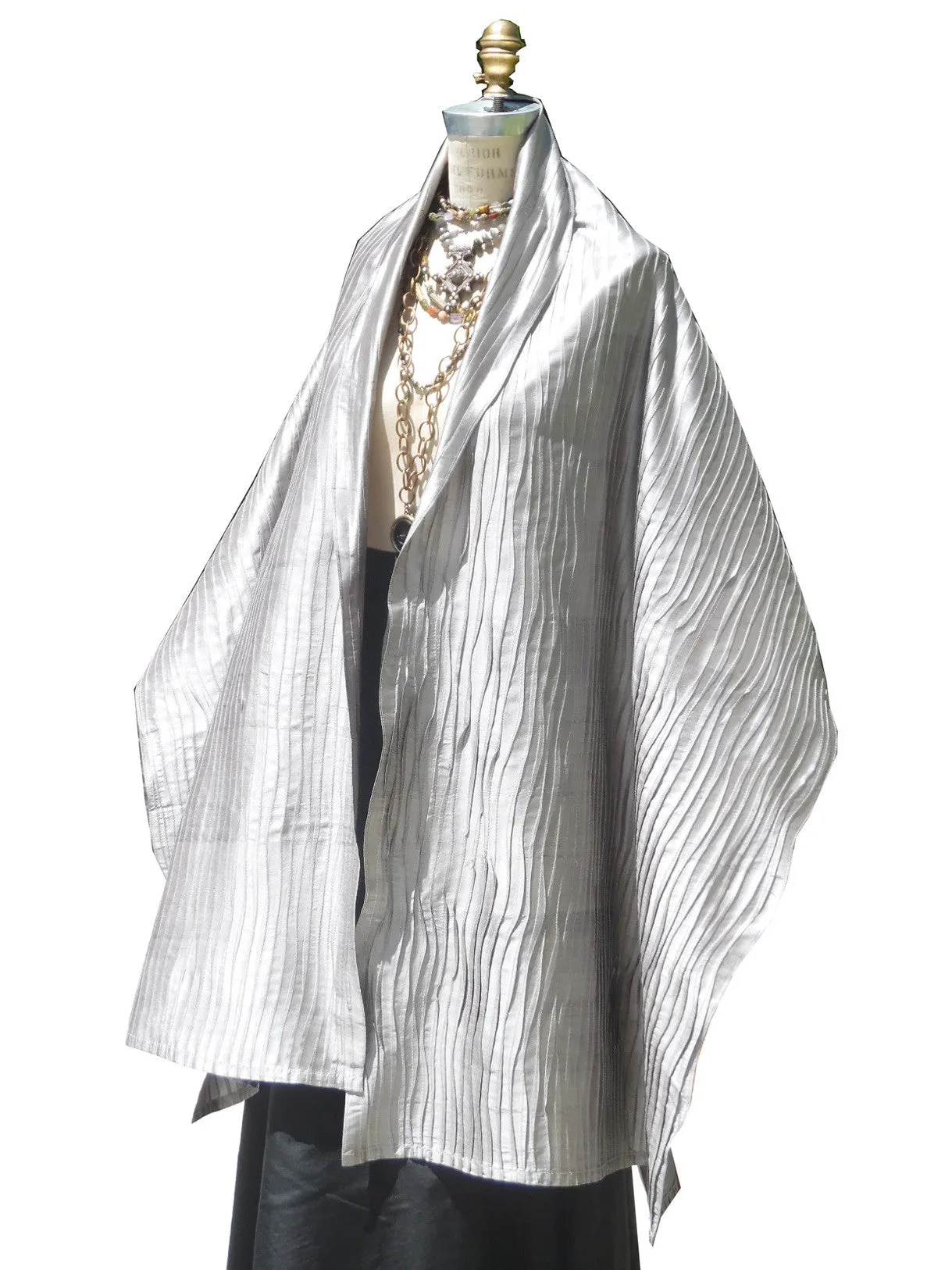 Thai Silk Pintuck Pleated Shawl Silver