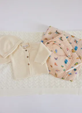 The Perfect Newborn Gift Set: Blush Peach Bib, Burp and Shawl Blanket, Cardigan and Wander Blanket