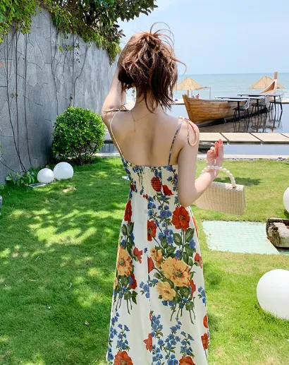 Trendy Backless High Slit Floral Maxi Slip Dress