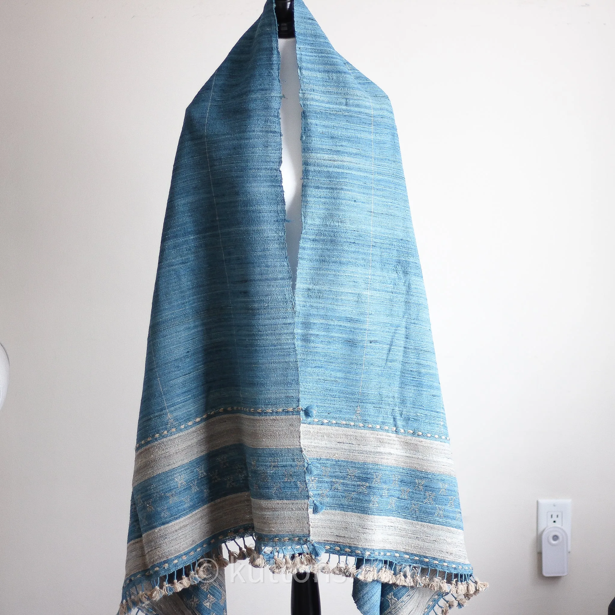 Tussar Silk & Merino Wool Shawl with Tassels - Handspun & Handwoven | Blue, Golden Brown, 40x82"