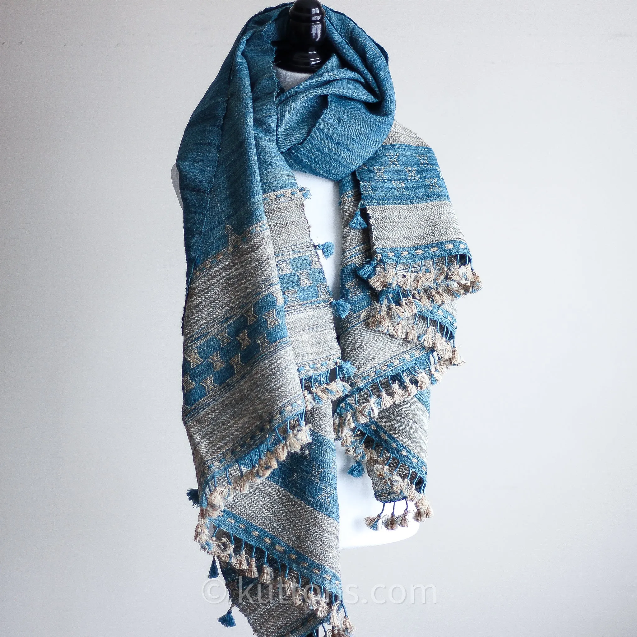 Tussar Silk & Merino Wool Shawl with Tassels - Handspun & Handwoven | Blue, Golden Brown, 40x82"