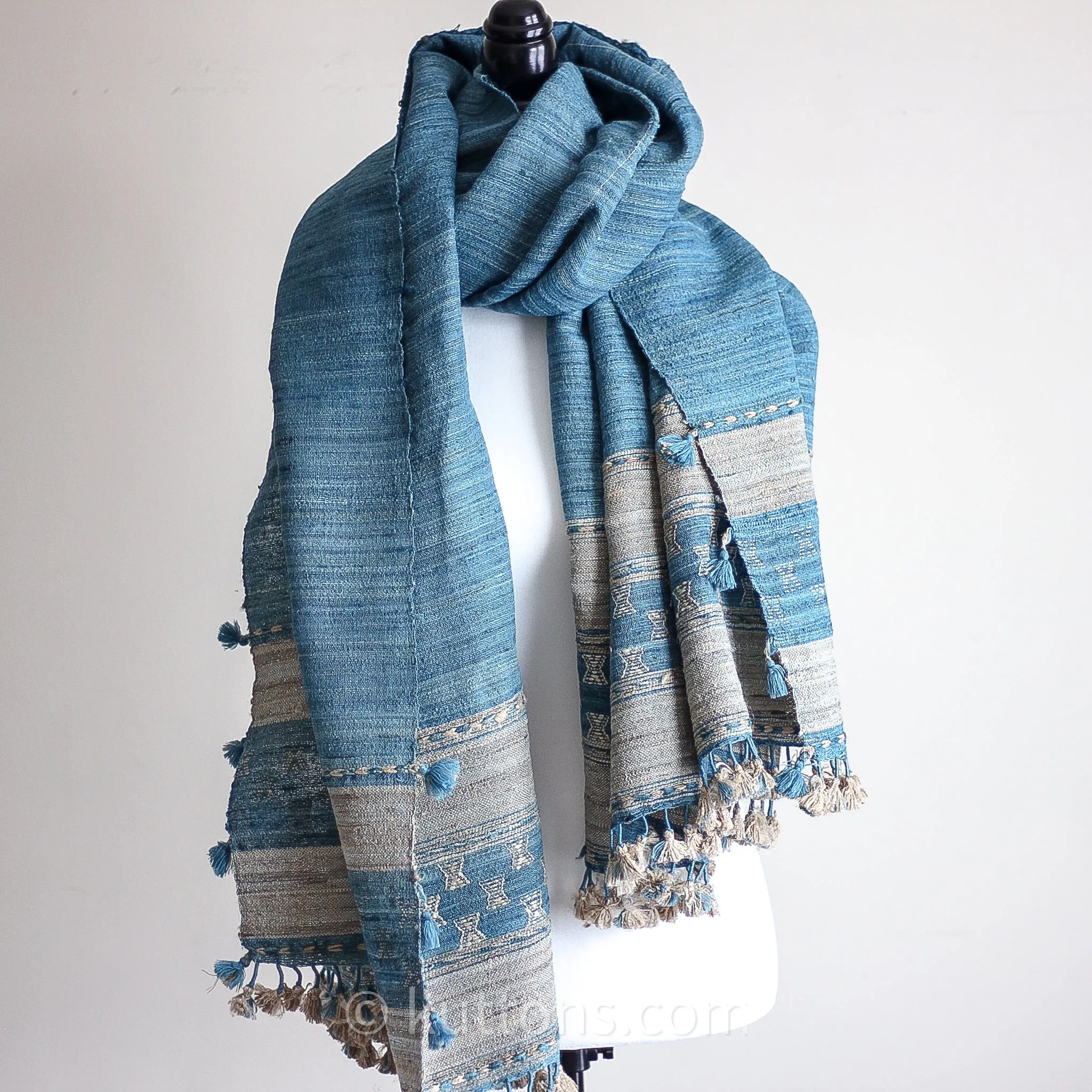 Tussar Silk & Merino Wool Shawl with Tassels - Handspun & Handwoven | Blue, Golden Brown, 40x82"