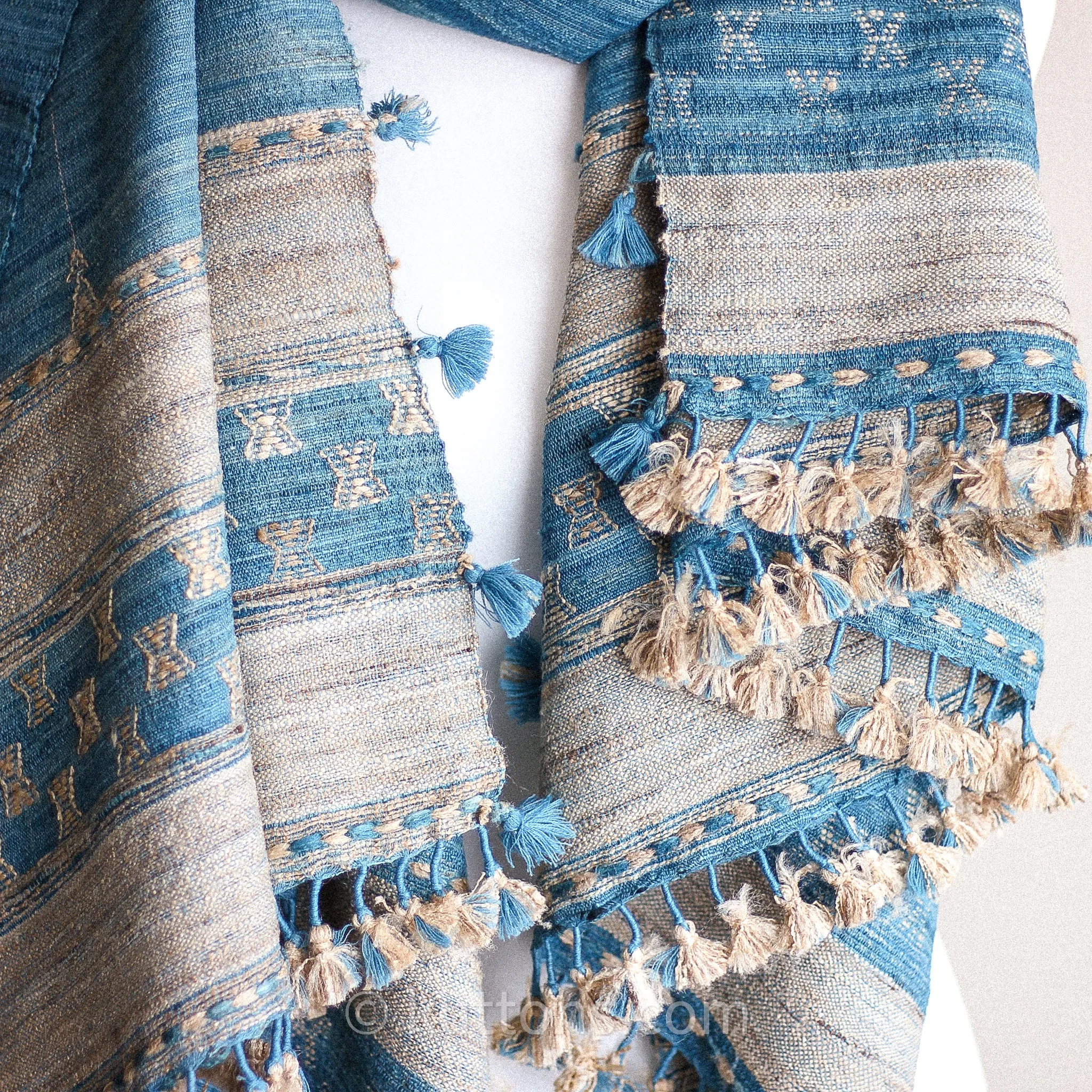 Tussar Silk & Merino Wool Shawl with Tassels - Handspun & Handwoven | Blue, Golden Brown, 40x82"