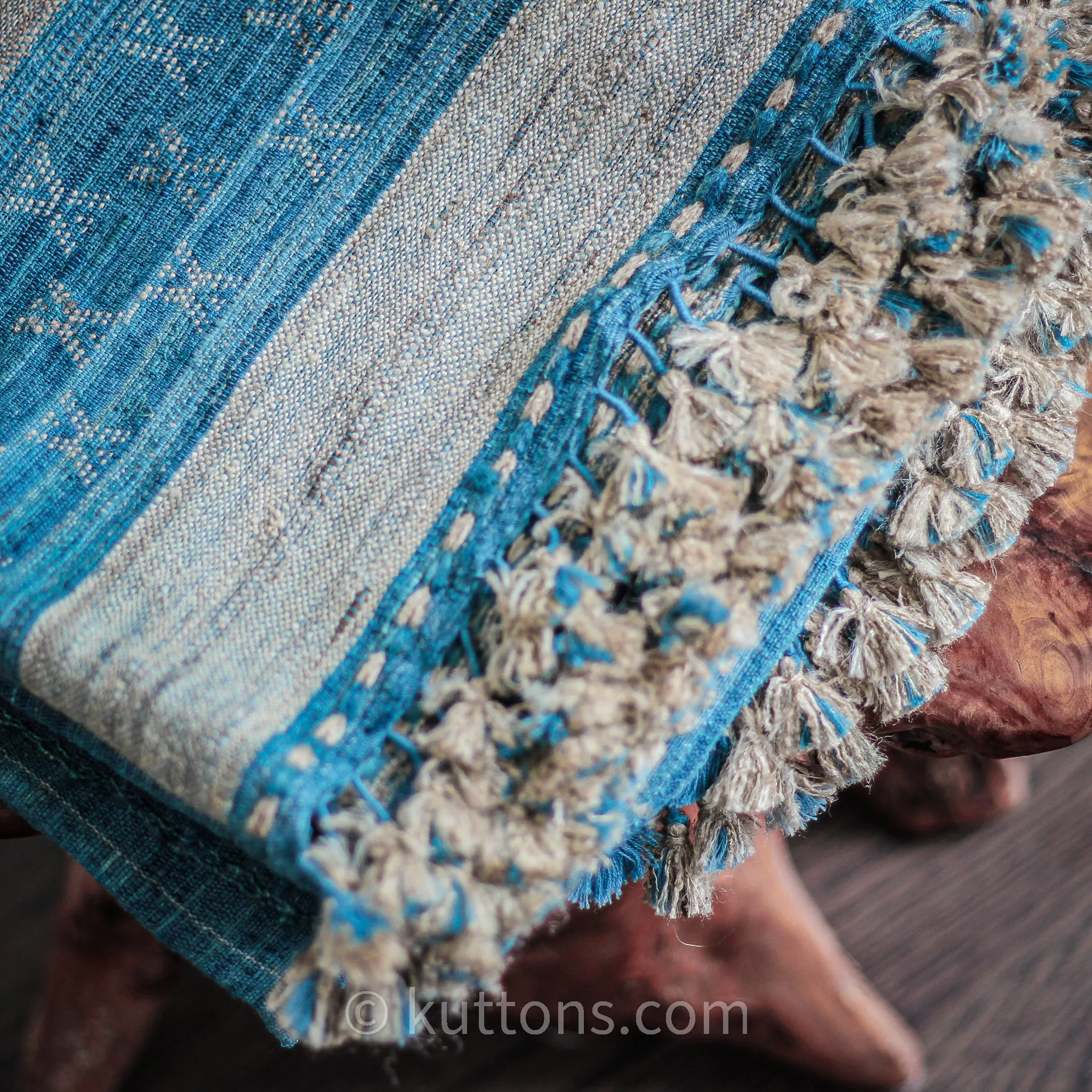 Tussar Silk & Merino Wool Shawl with Tassels - Handspun & Handwoven | Blue, Golden Brown, 40x82"