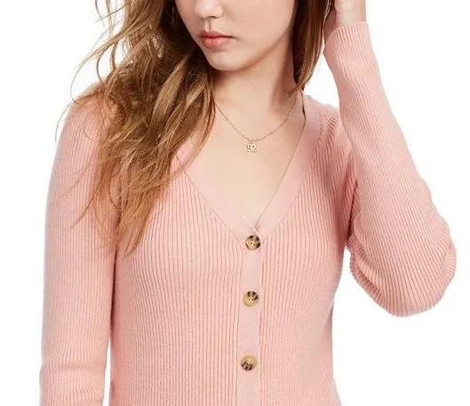 Ultra Flirt Junior's Cropped Ribbed Cardigan Sweater Pink Size X-Large