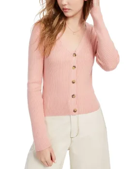 Ultra Flirt Junior's Cropped Ribbed Cardigan Sweater Pink Size X-Large