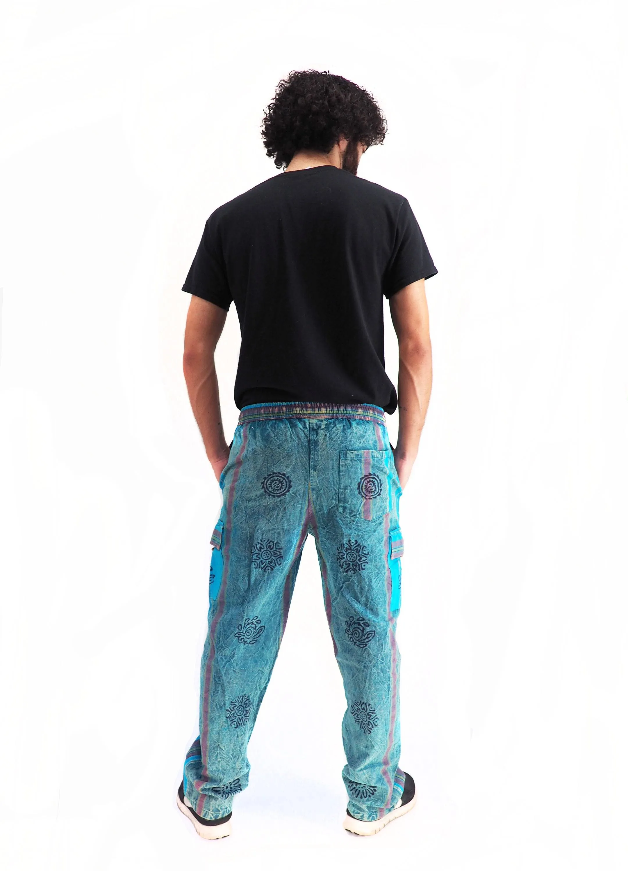 Unisex Handmade Casual Boho Blue Cotton Patch Work Pants Size S-M-L-XL