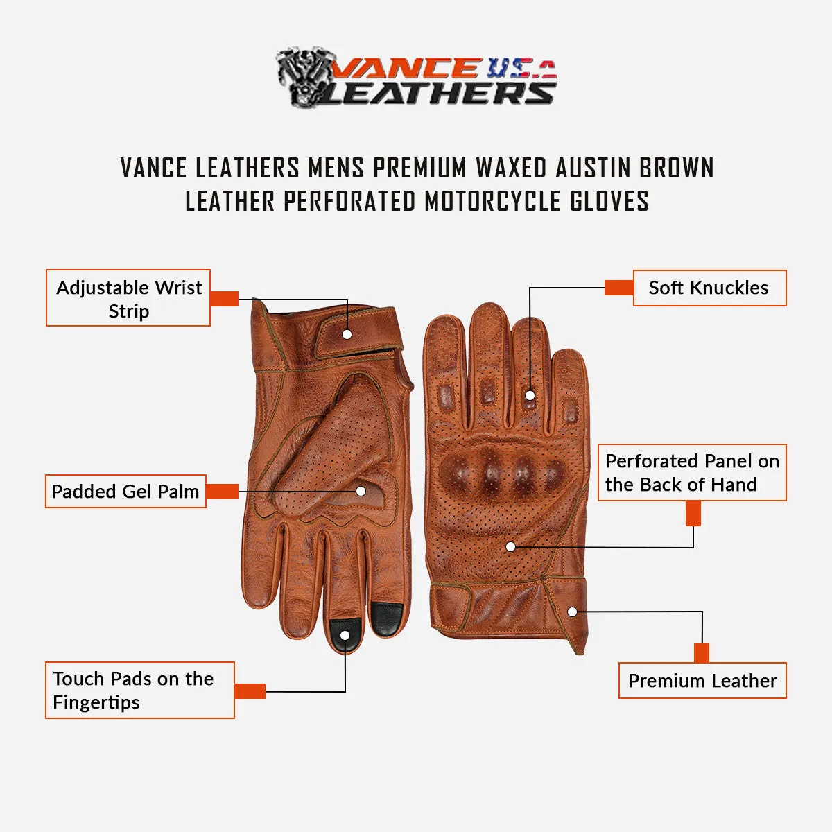 Vance Leathers Mens Premium Waxed Austin Brown Leather Perforated Motorcycle Gloves