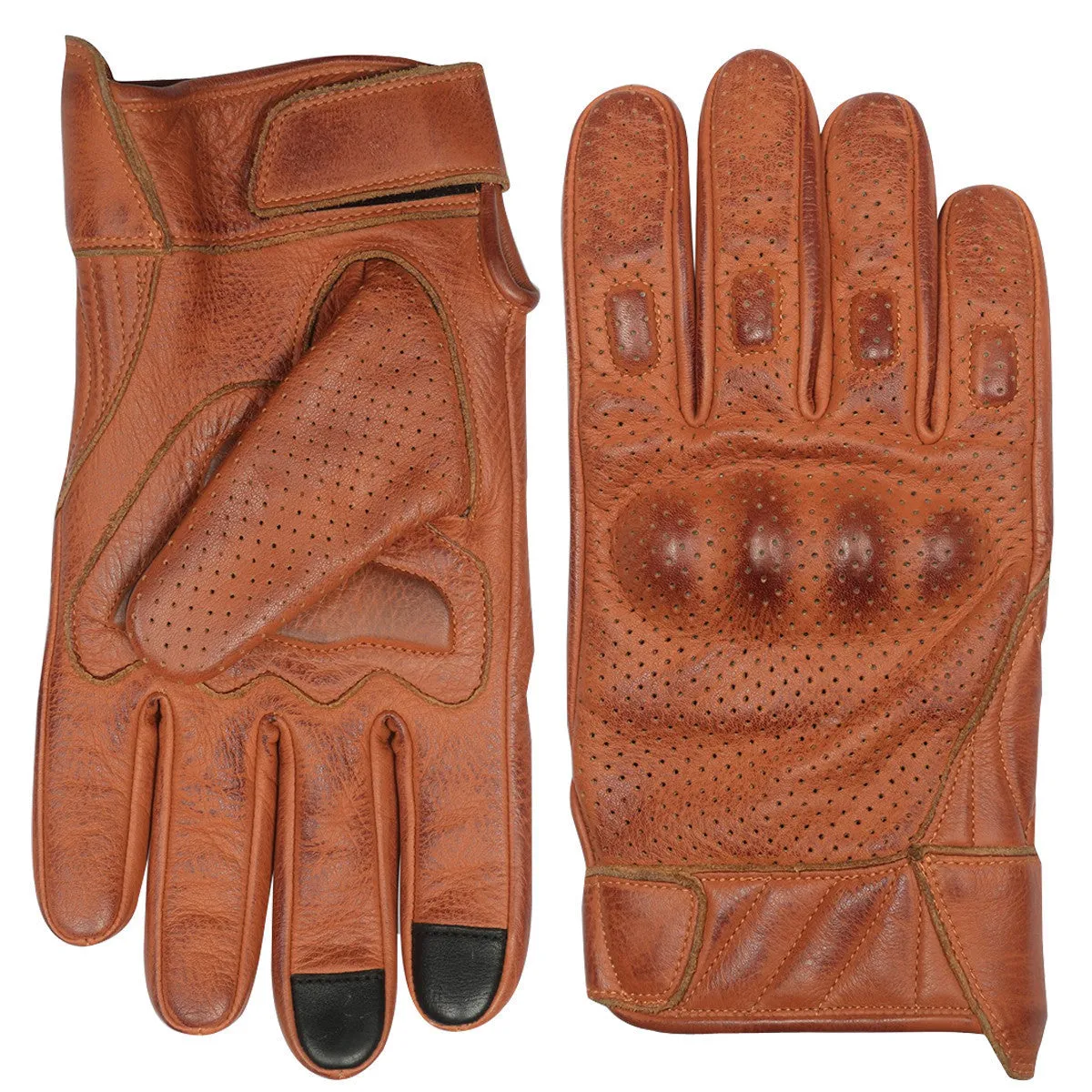 Vance Leathers Mens Premium Waxed Austin Brown Leather Perforated Motorcycle Gloves