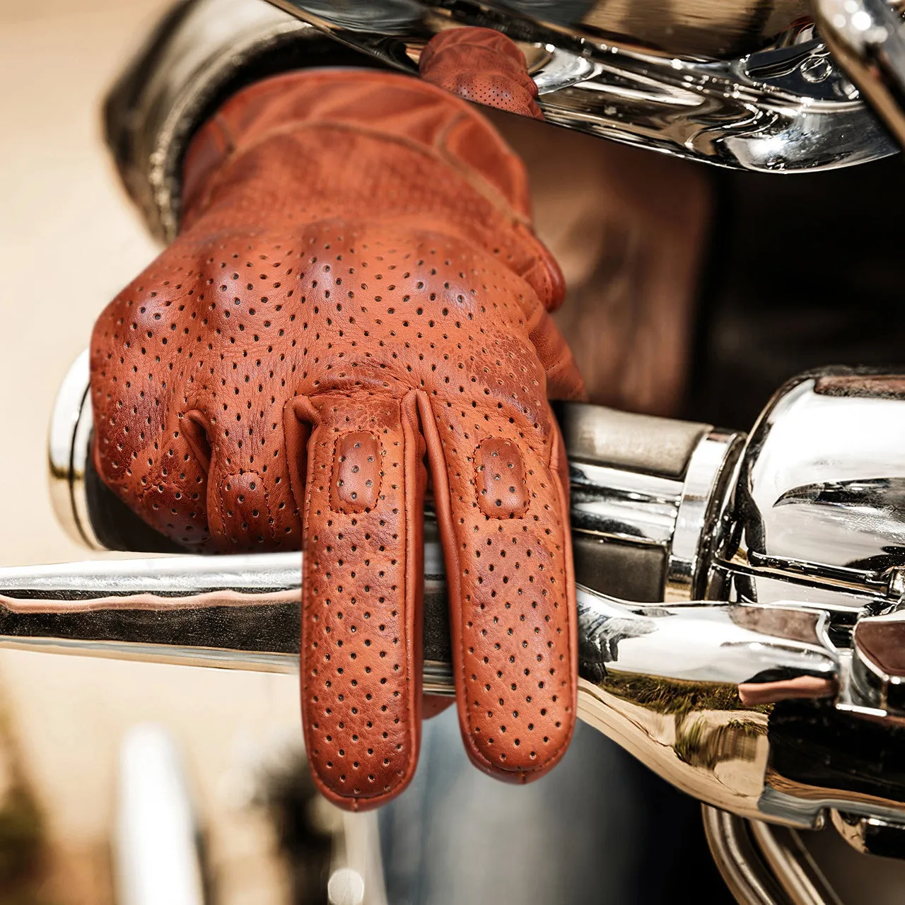 Vance Leathers Mens Premium Waxed Austin Brown Leather Perforated Motorcycle Gloves