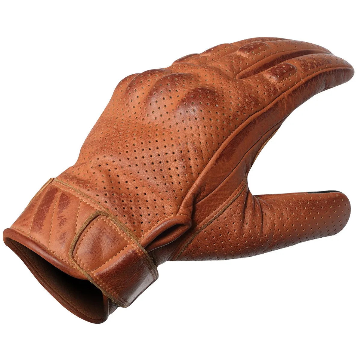 Vance Leathers Mens Premium Waxed Austin Brown Leather Perforated Motorcycle Gloves