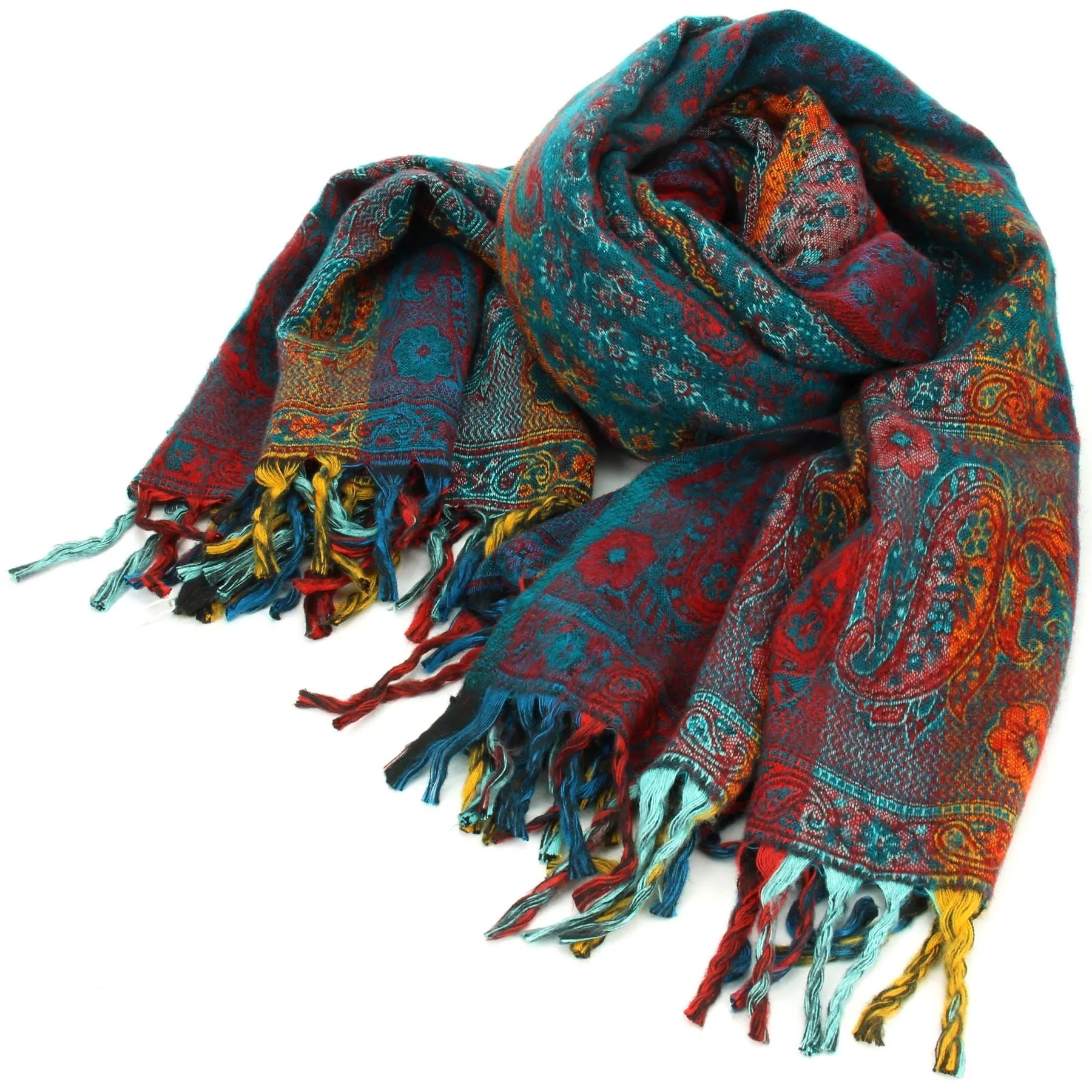 Vegan Wool Shawl Blanket - Paisley Stripe - Orange & Green