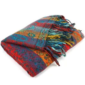 Vegan Wool Shawl Blanket - Paisley Stripe - Orange & Green