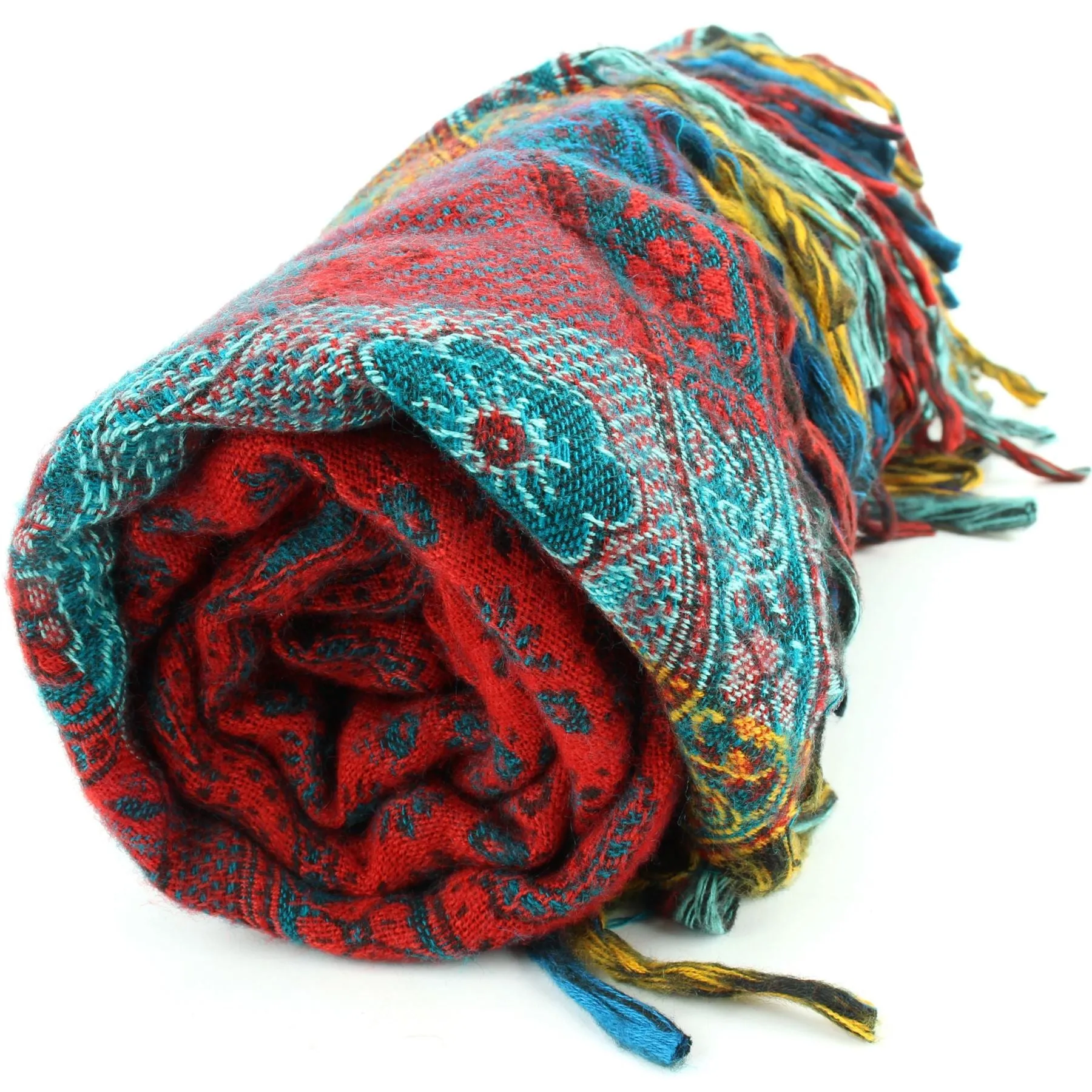 Vegan Wool Shawl Blanket - Paisley Stripe - Orange & Green