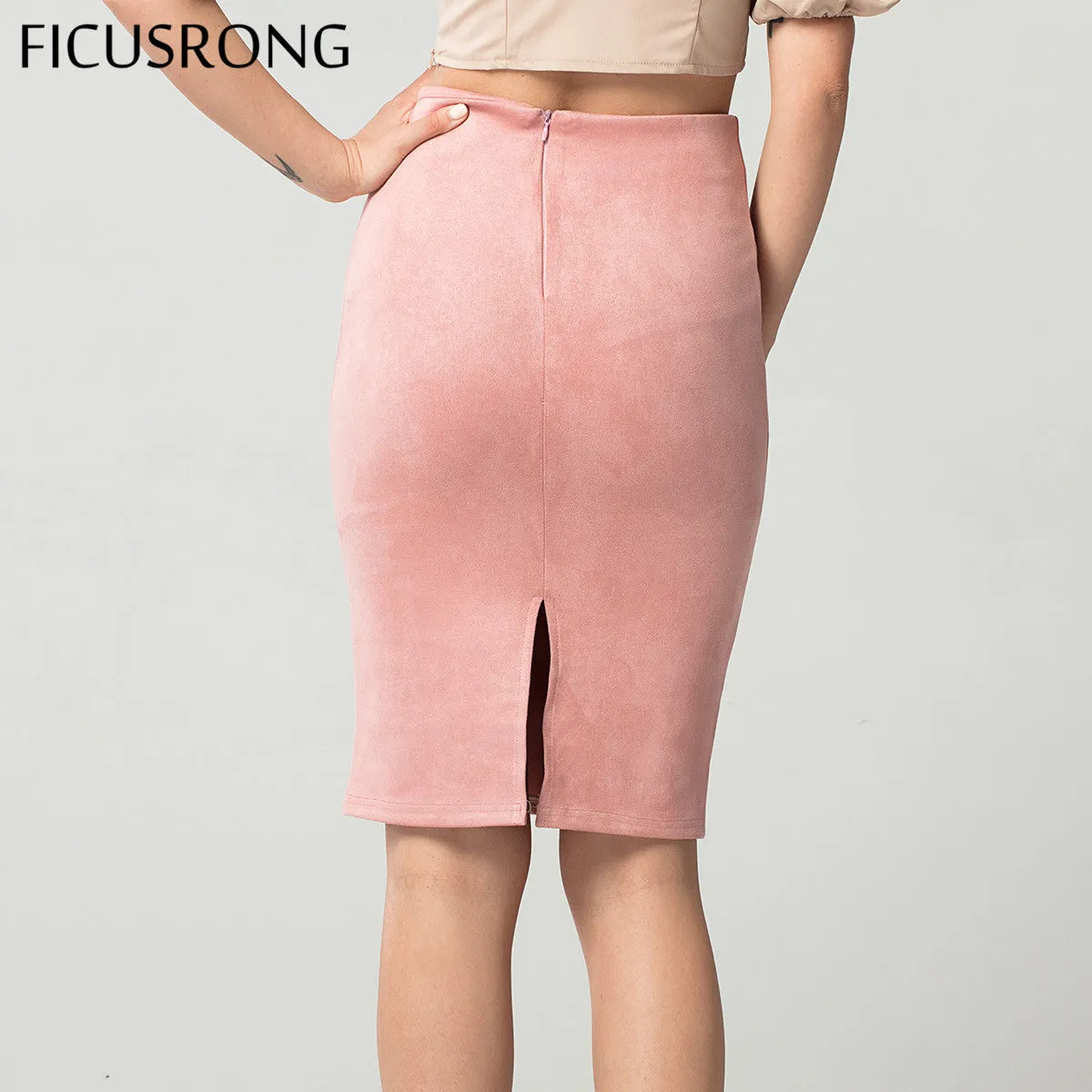 VenusFox High Waist Bodycon Stretchy Vintage Suede Pencil Skirt