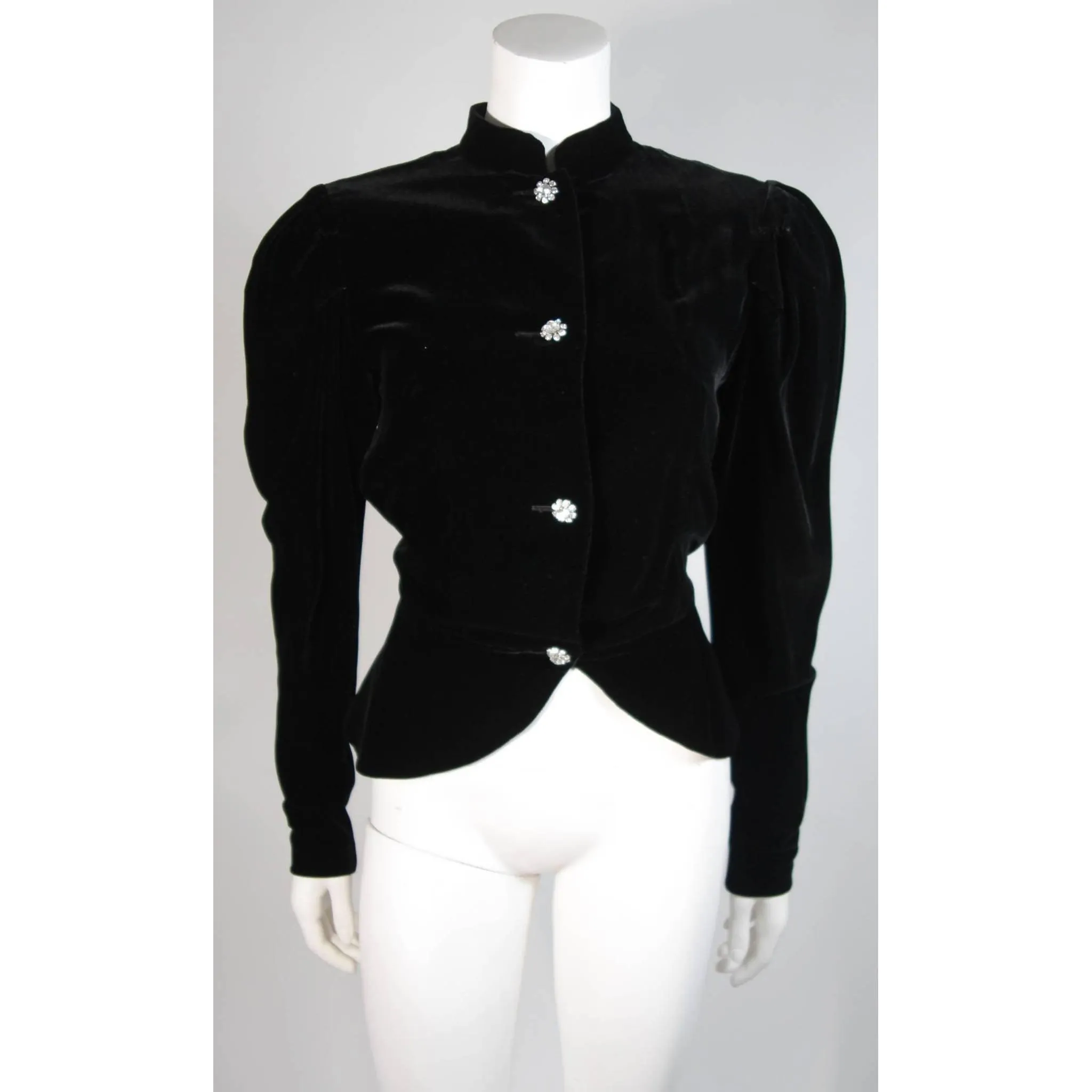 VICKY TIEL Velvet Black Skirt Suit with Rhinestone Buttons | Size S