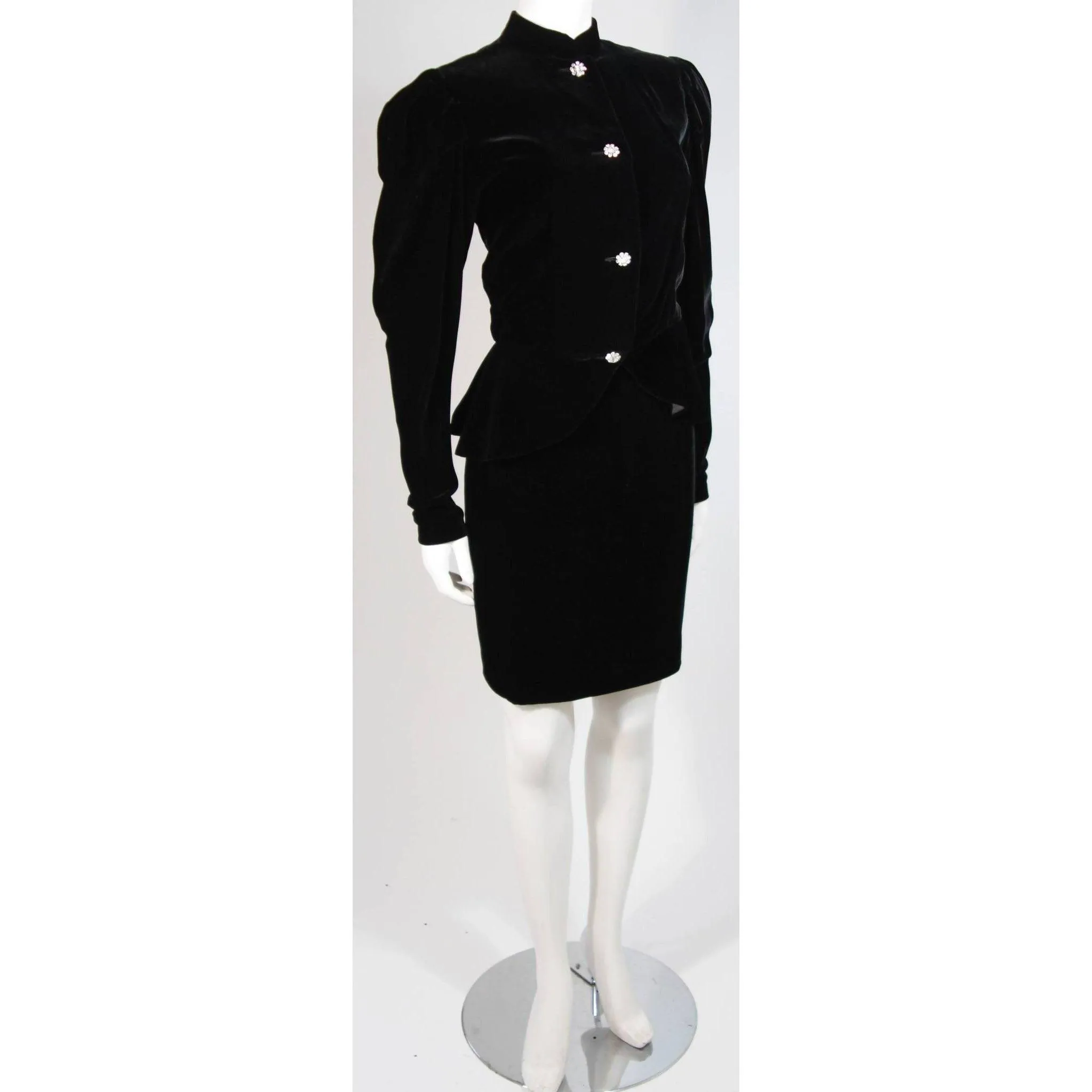 VICKY TIEL Velvet Black Skirt Suit with Rhinestone Buttons | Size S