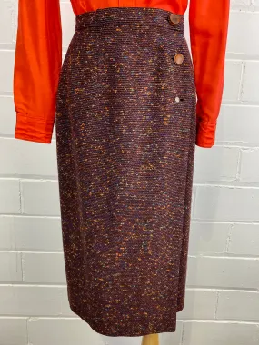 Vintage 1950s Brown Bouclé Wool Pencil Skirt,  Blue and Orange Flecks, 25W