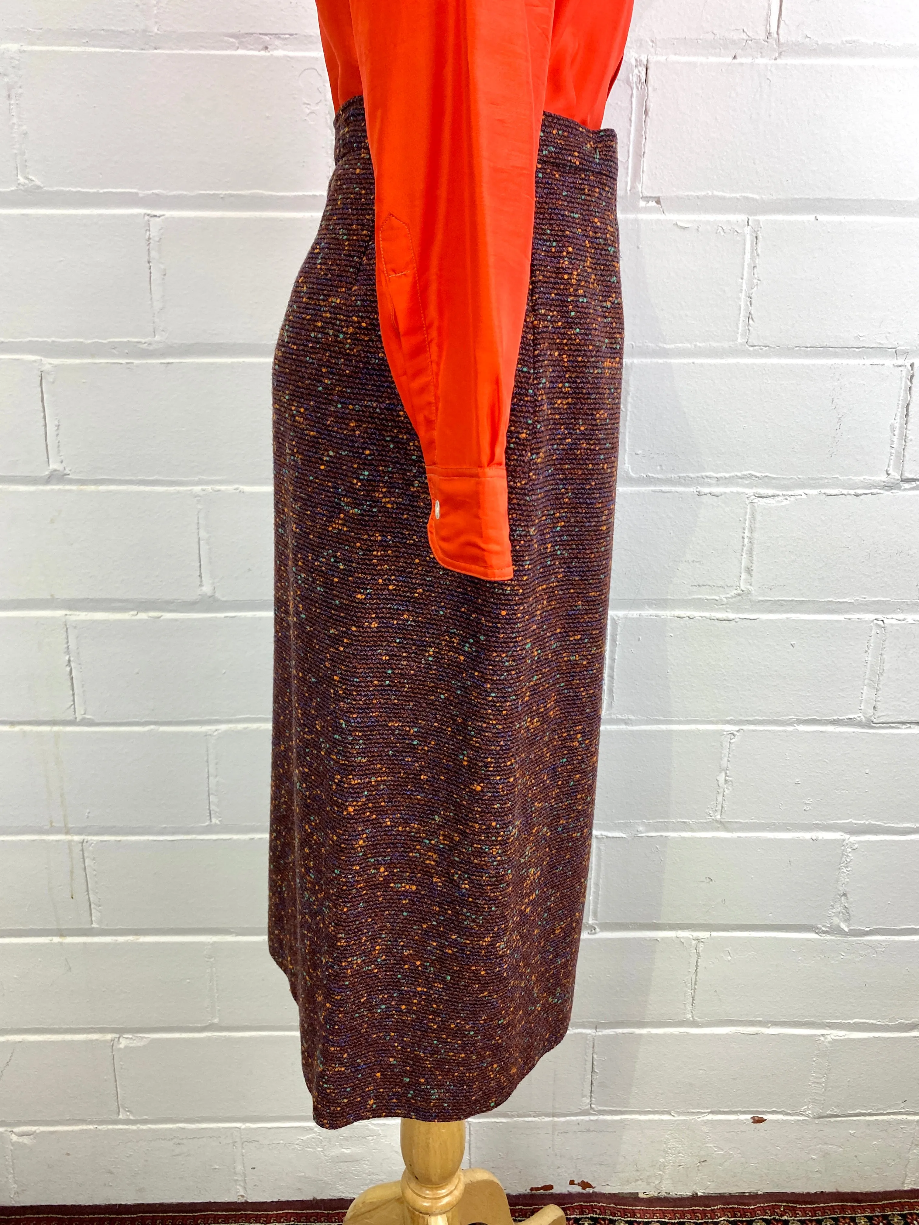 Vintage 1950s Brown Bouclé Wool Pencil Skirt,  Blue and Orange Flecks, 25W