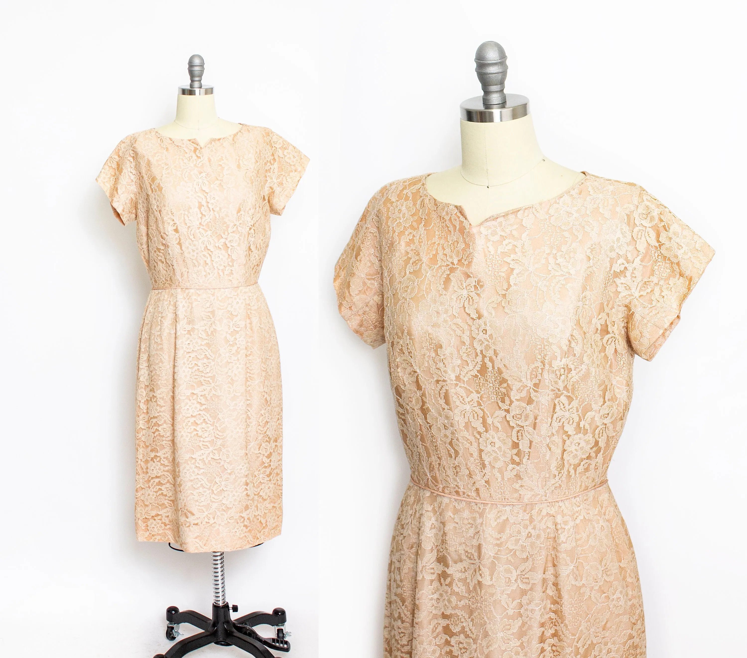 Vintage 1950s Dress Beige Champagne Lace 60s Large