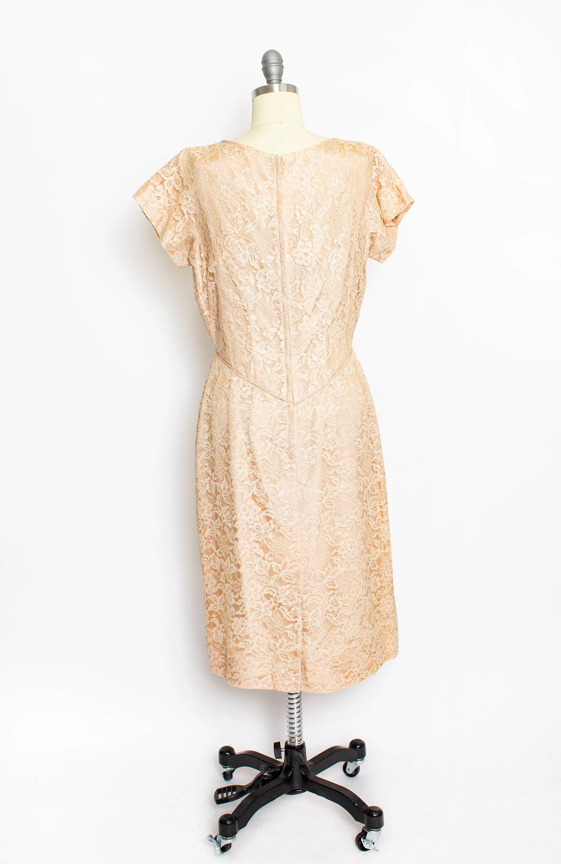 Vintage 1950s Dress Beige Champagne Lace 60s Large