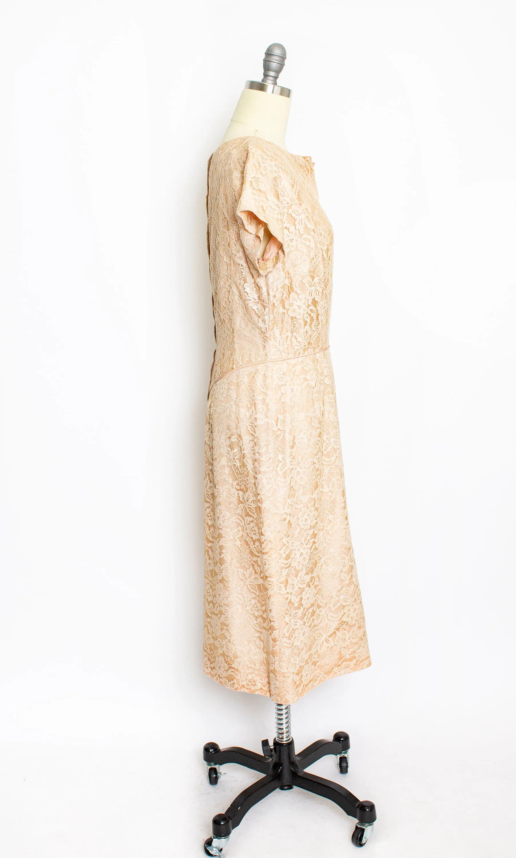 Vintage 1950s Dress Beige Champagne Lace 60s Large