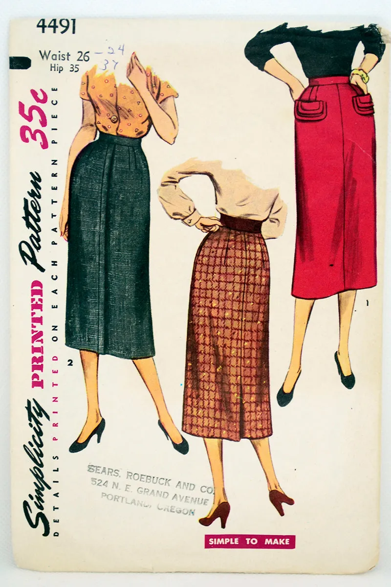 Vintage 1953 Simplicity 4491 Skirt Sewing Pattern