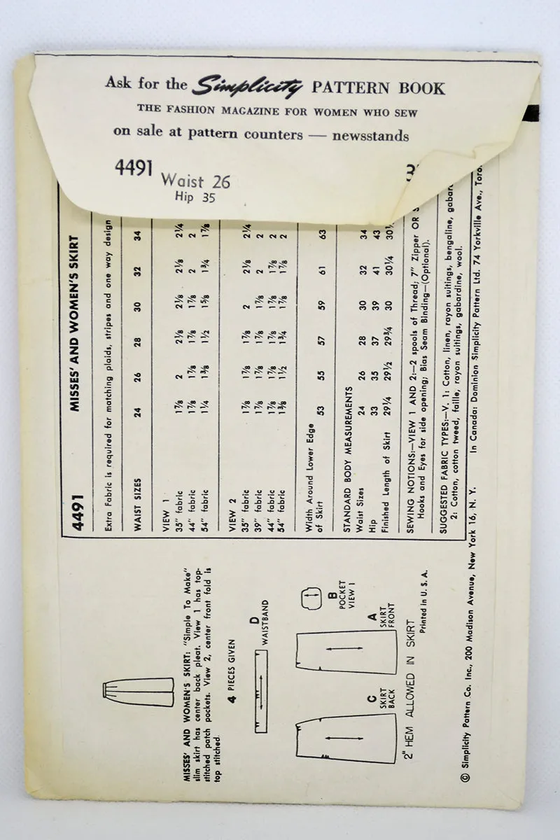 Vintage 1953 Simplicity 4491 Skirt Sewing Pattern