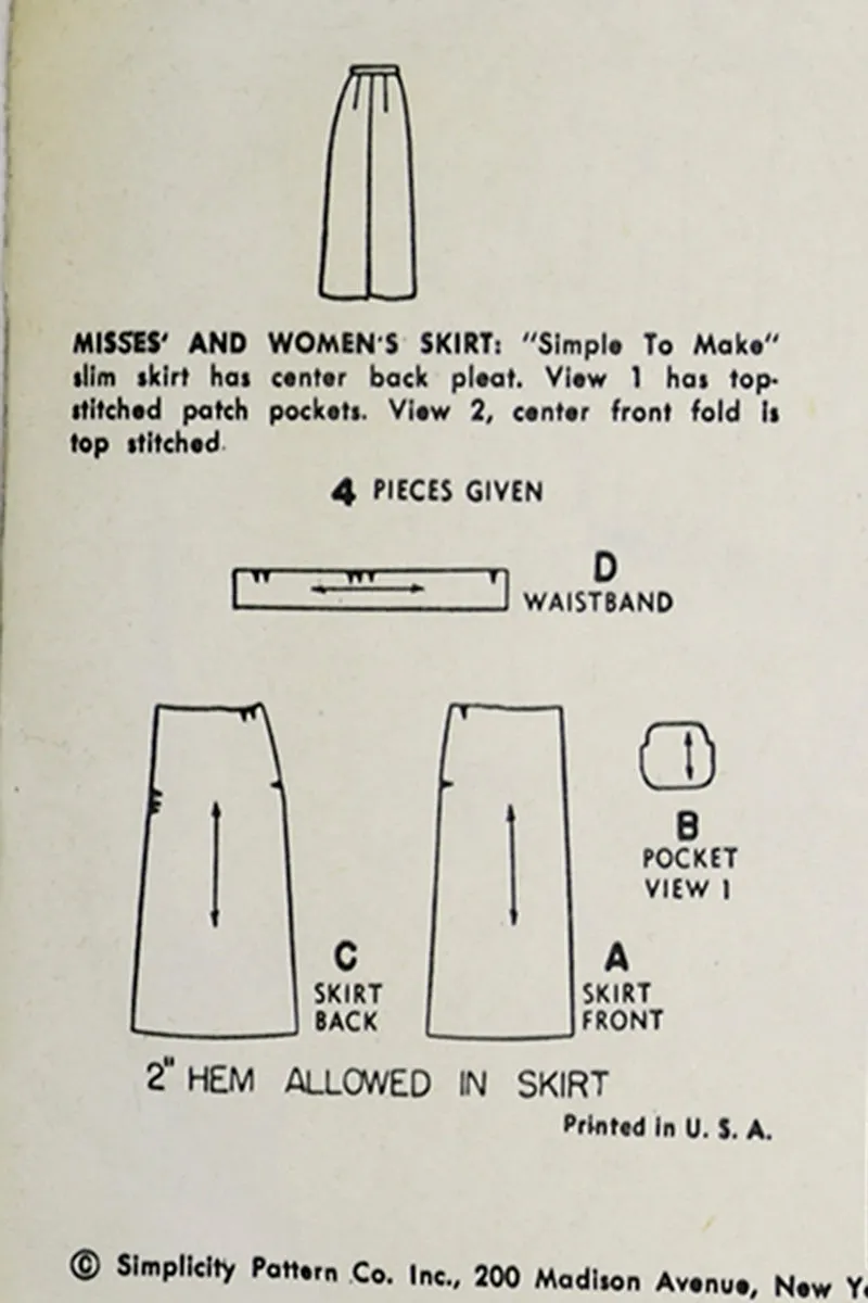 Vintage 1953 Simplicity 4491 Skirt Sewing Pattern