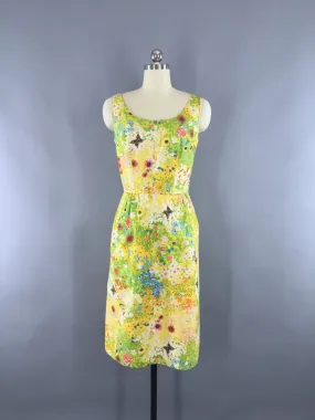 Vintage 1960s Dress / Yellow Butterfly Novelty Print