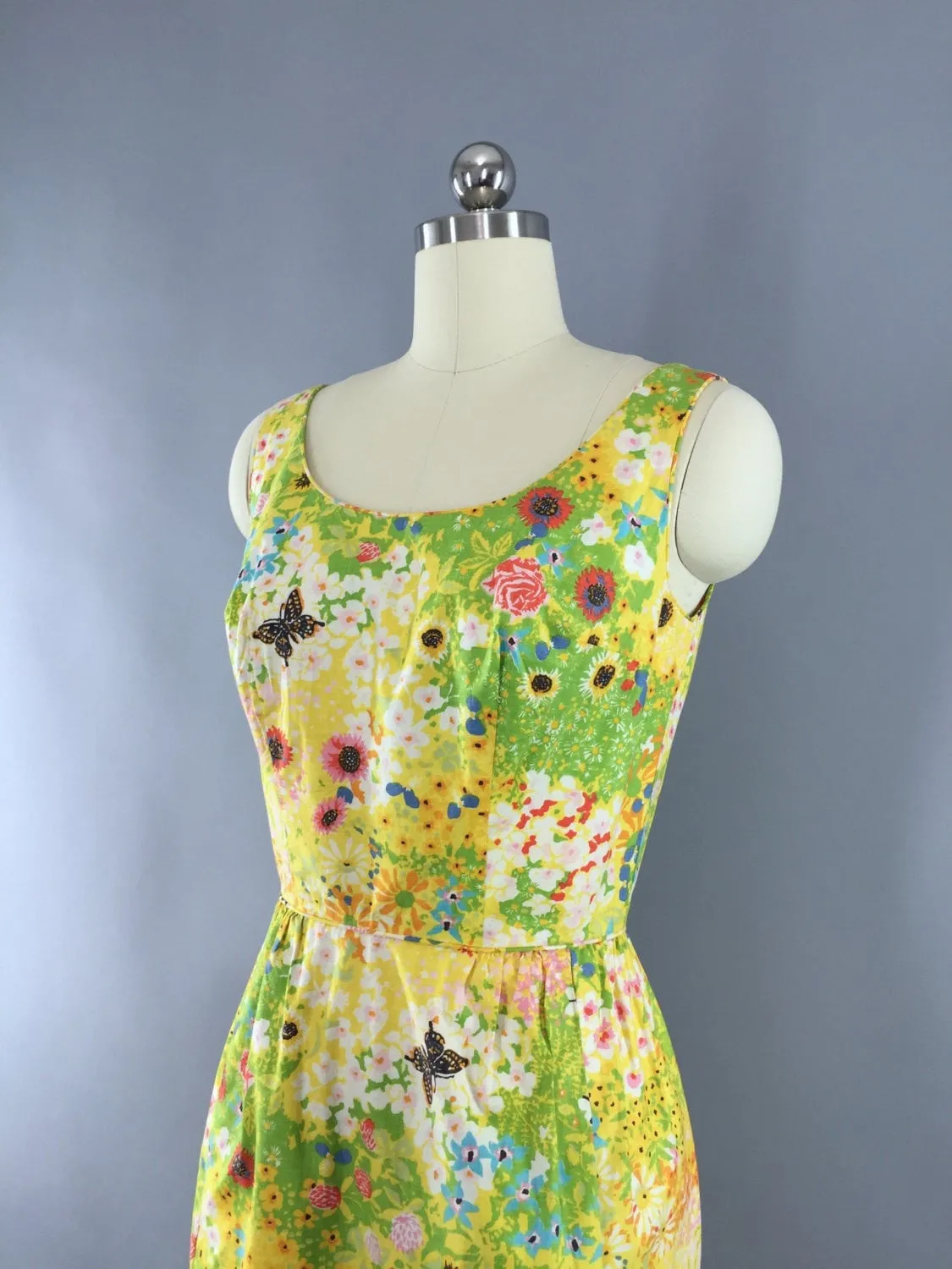 Vintage 1960s Dress / Yellow Butterfly Novelty Print