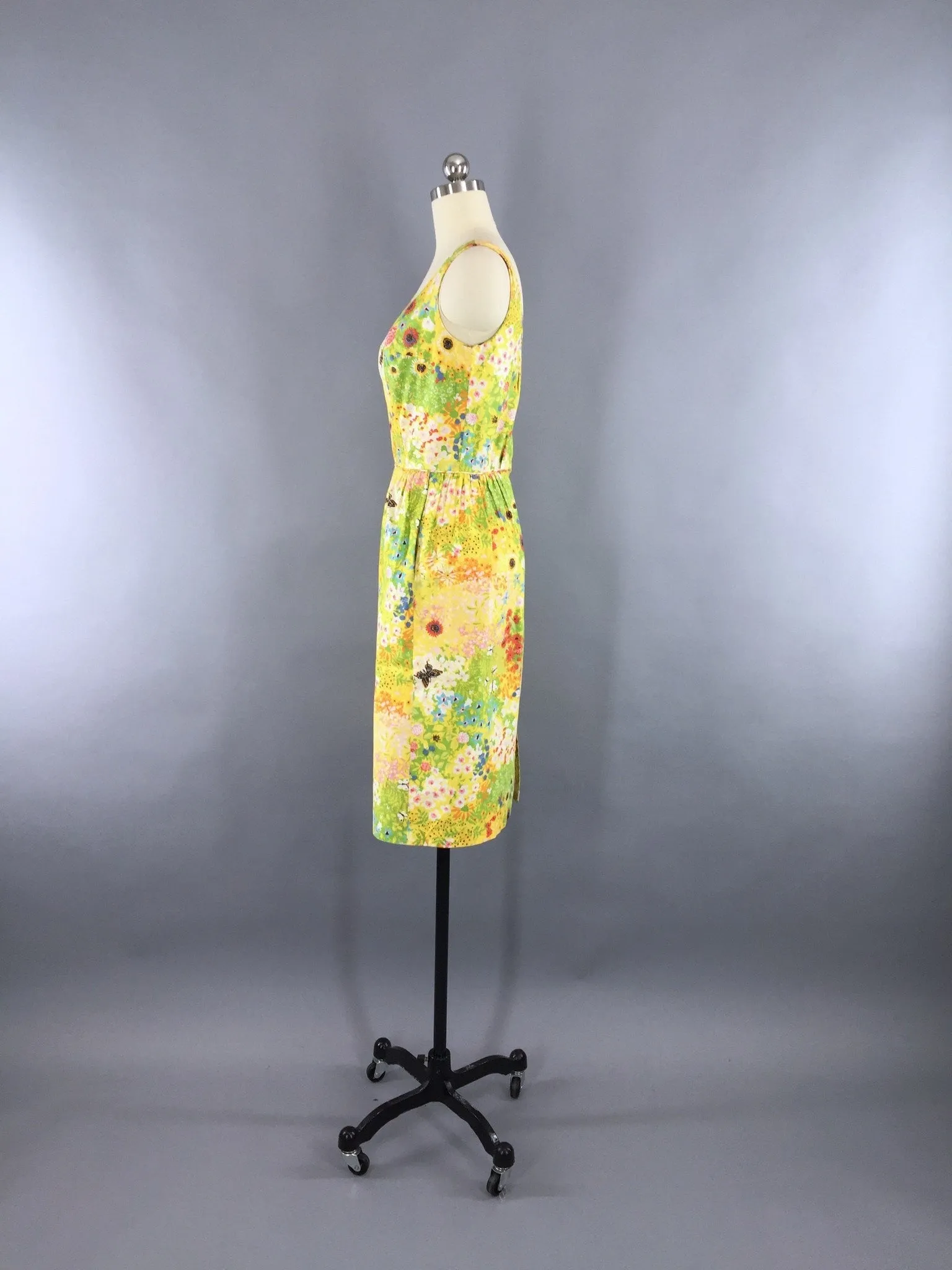 Vintage 1960s Dress / Yellow Butterfly Novelty Print