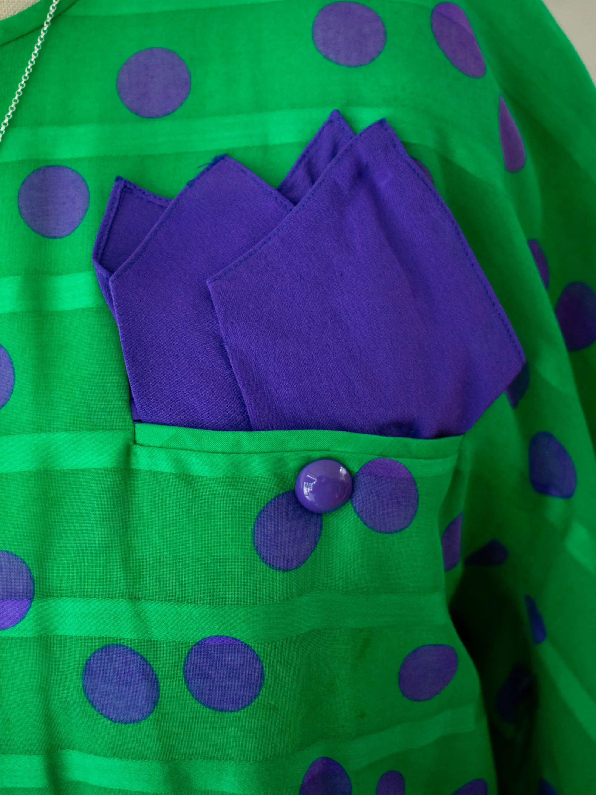 Vintage 1980s AKRIS Green & Purple Polka Dot Dress M