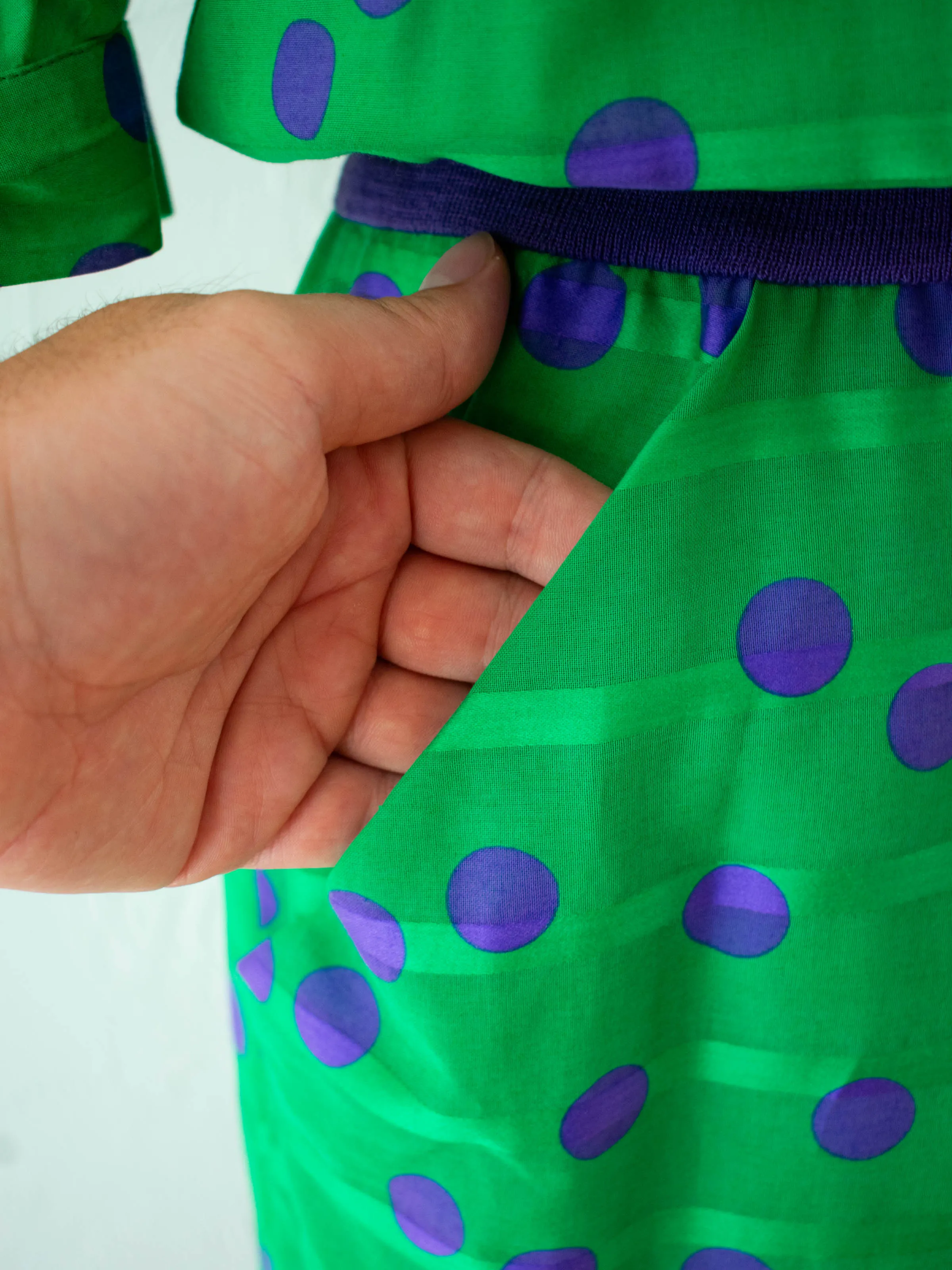 Vintage 1980s AKRIS Green & Purple Polka Dot Dress M