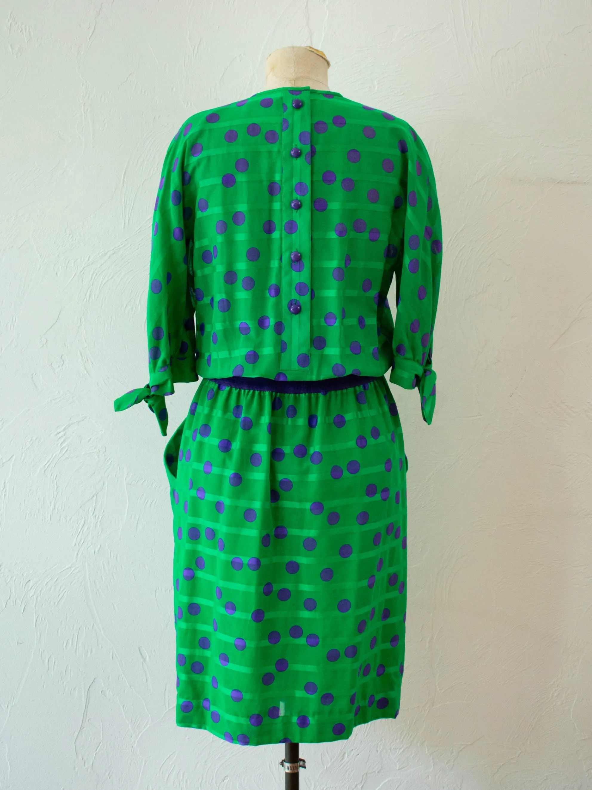 Vintage 1980s AKRIS Green & Purple Polka Dot Dress M