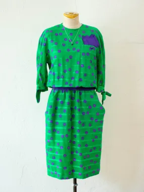 Vintage 1980s AKRIS Green & Purple Polka Dot Dress M