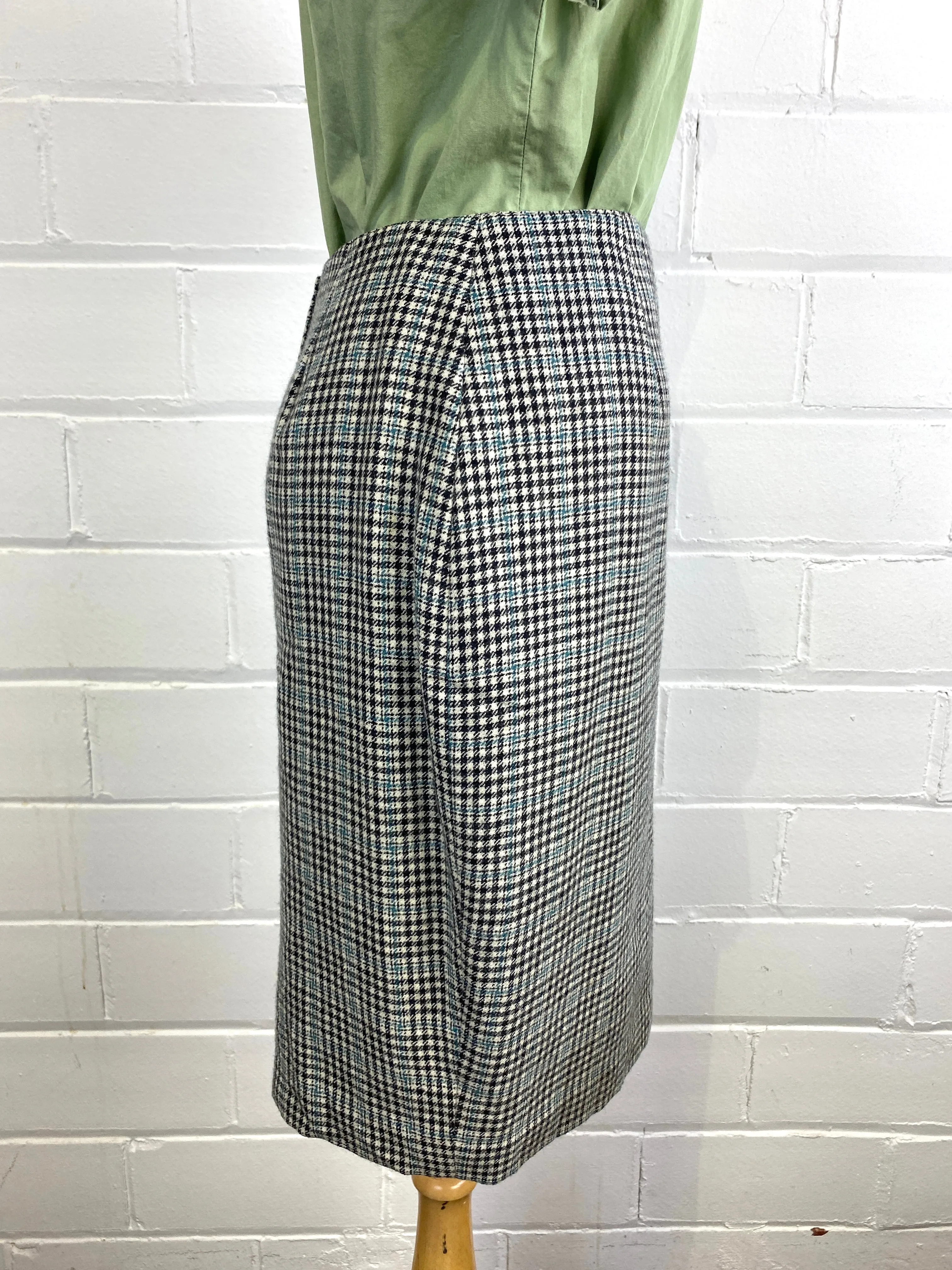 Vintage 1980s Black/ White/ Teal Houndstooth Wool Skirt, W28