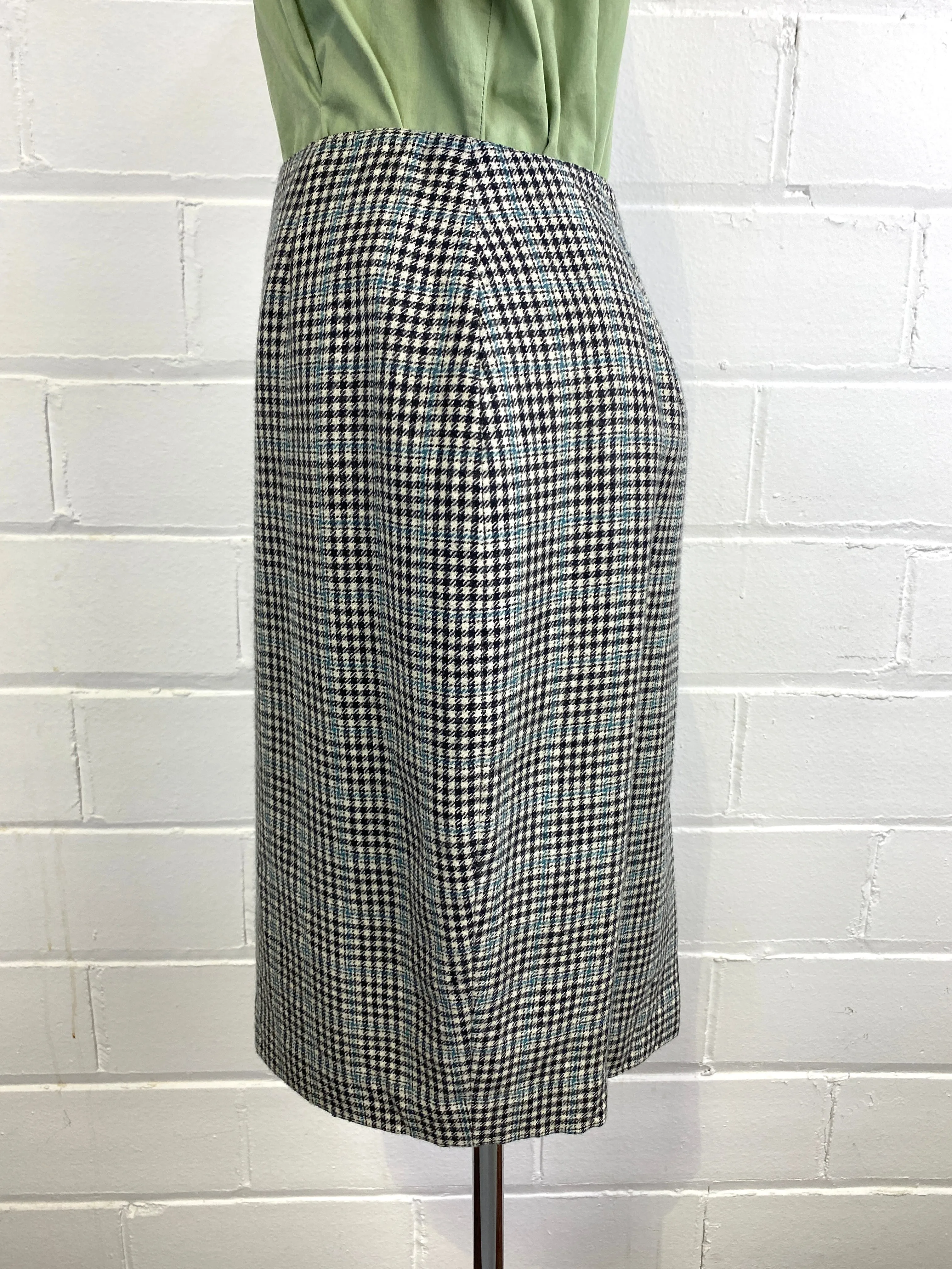 Vintage 1980s Black/ White/ Teal Houndstooth Wool Skirt, W28