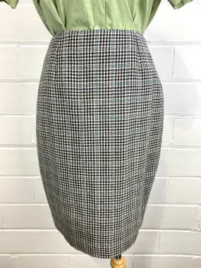 Vintage 1980s Black/ White/ Teal Houndstooth Wool Skirt, W28