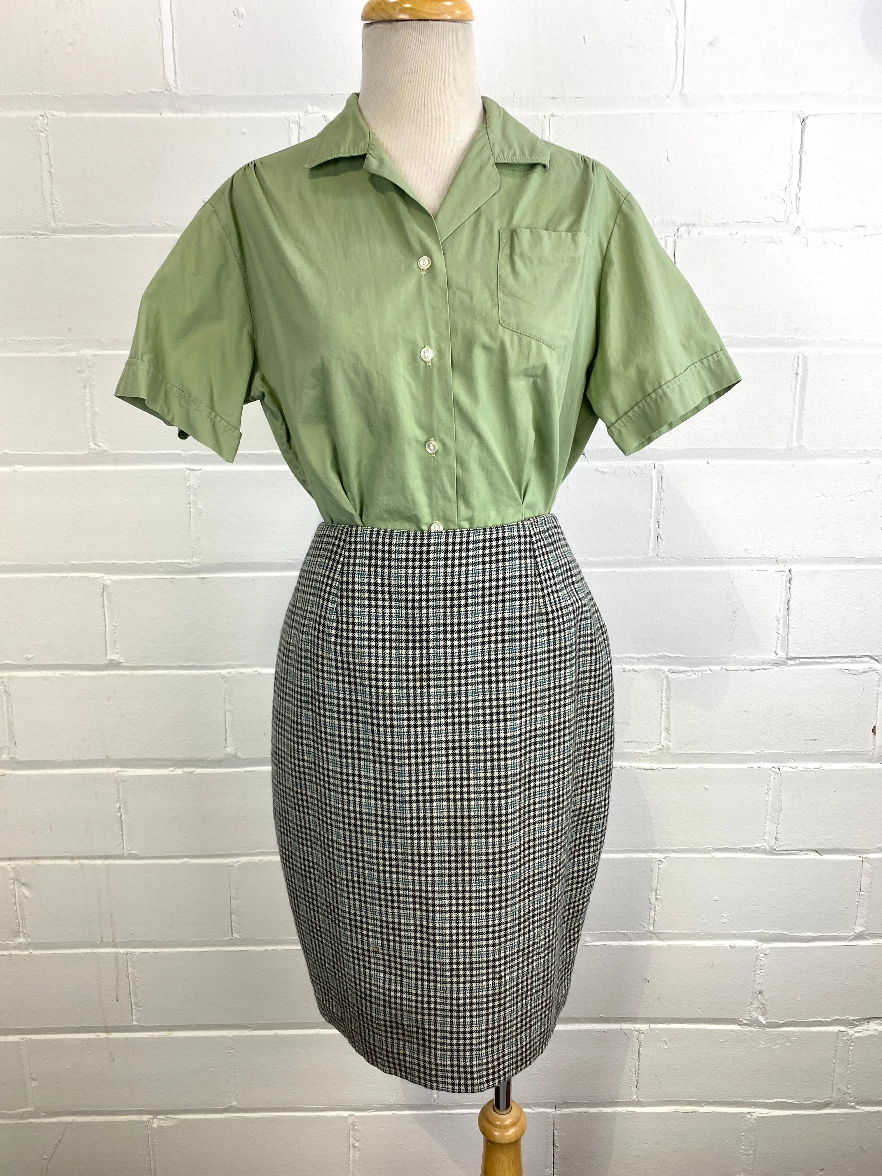 Vintage 1980s Black/ White/ Teal Houndstooth Wool Skirt, W28