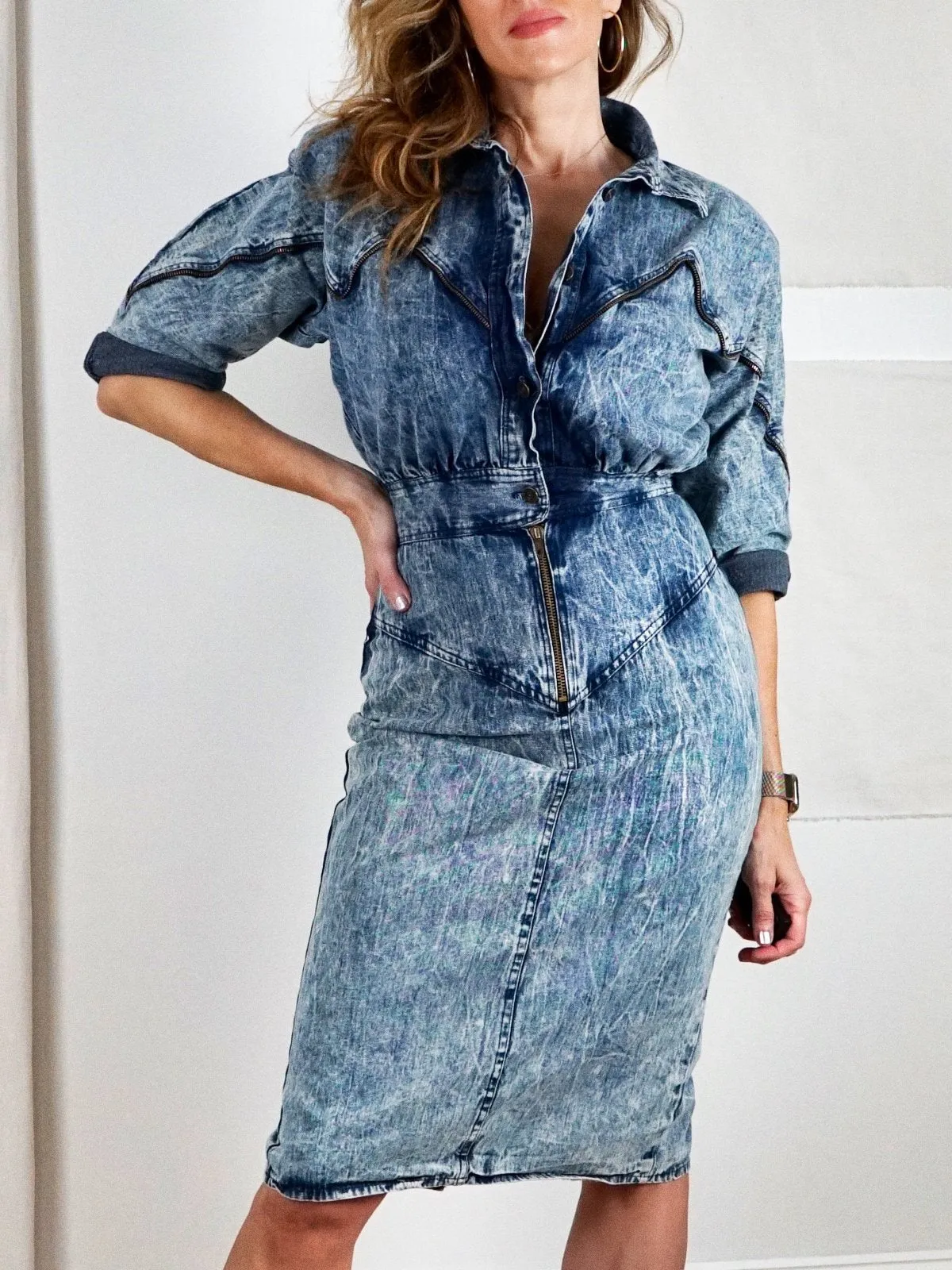 Vintage Acid Wash Denim Zipper Dress