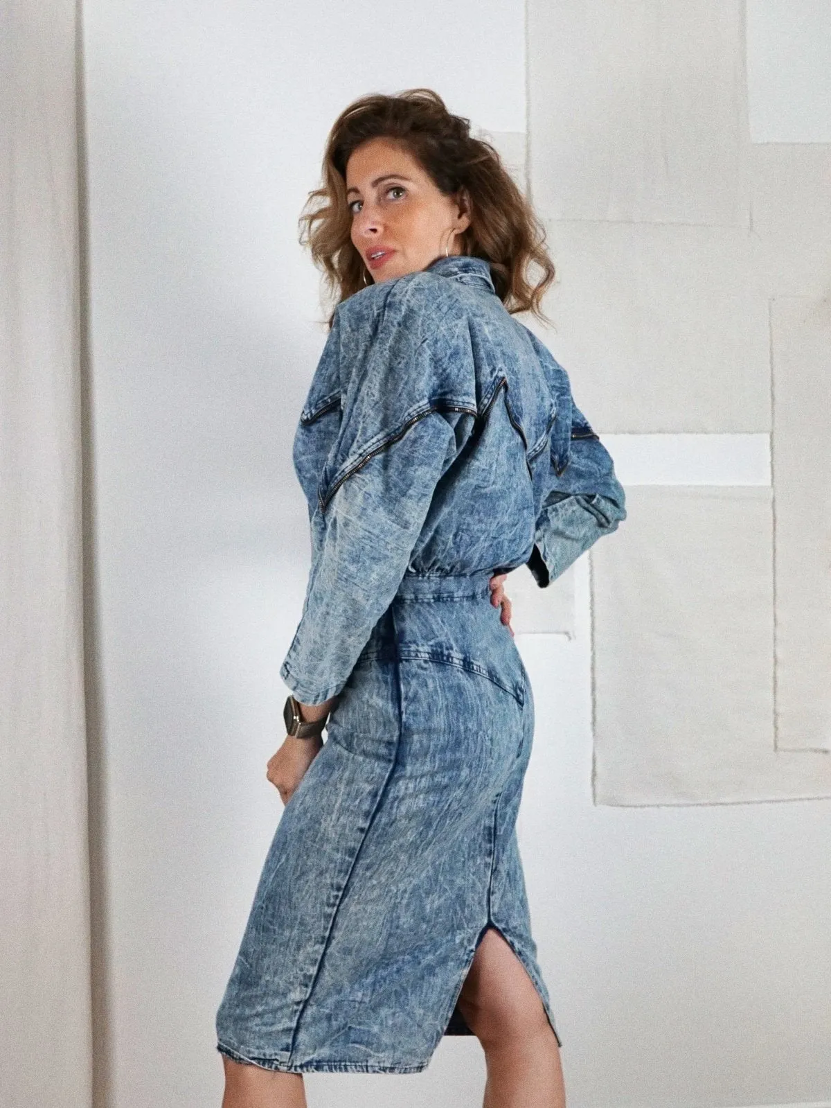 Vintage Acid Wash Denim Zipper Dress