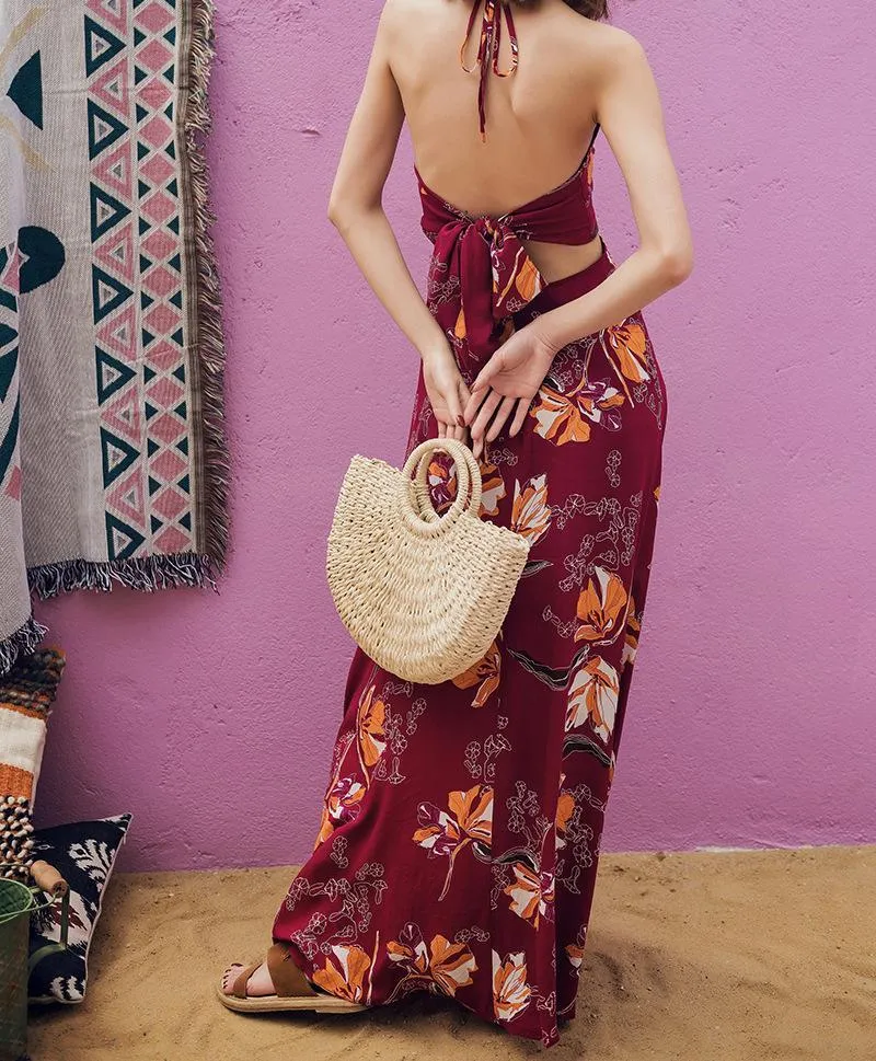 VINTAGE BACKLESS SPAGHETTI STRAPS HIGH-WAIST MAXI BOHO BEACH DRESS