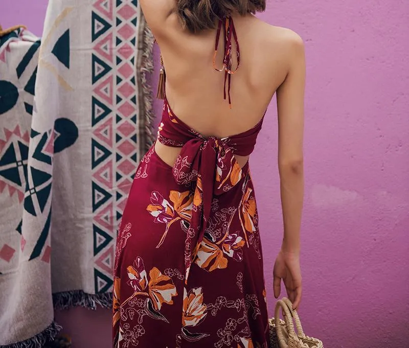 VINTAGE BACKLESS SPAGHETTI STRAPS HIGH-WAIST MAXI BOHO BEACH DRESS