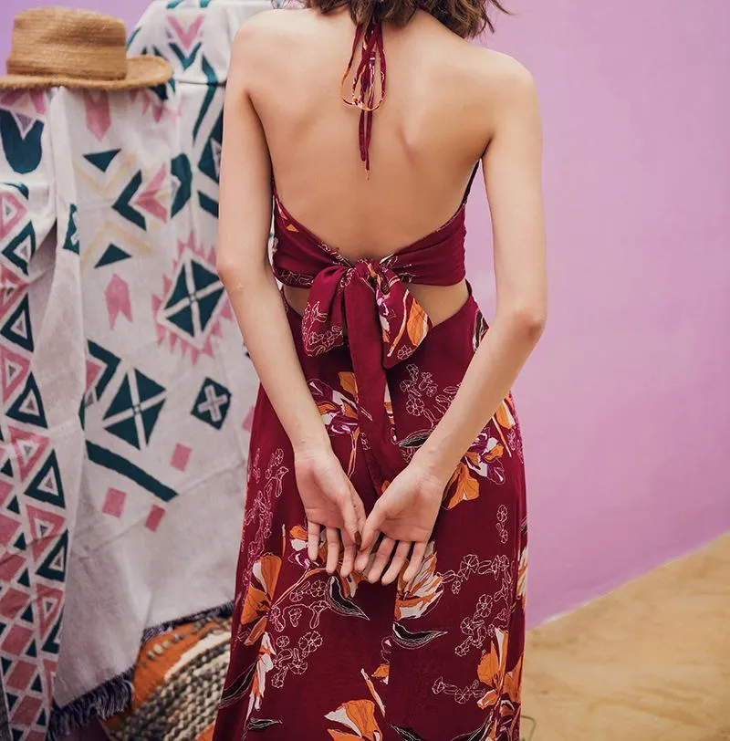 VINTAGE BACKLESS SPAGHETTI STRAPS HIGH-WAIST MAXI BOHO BEACH DRESS